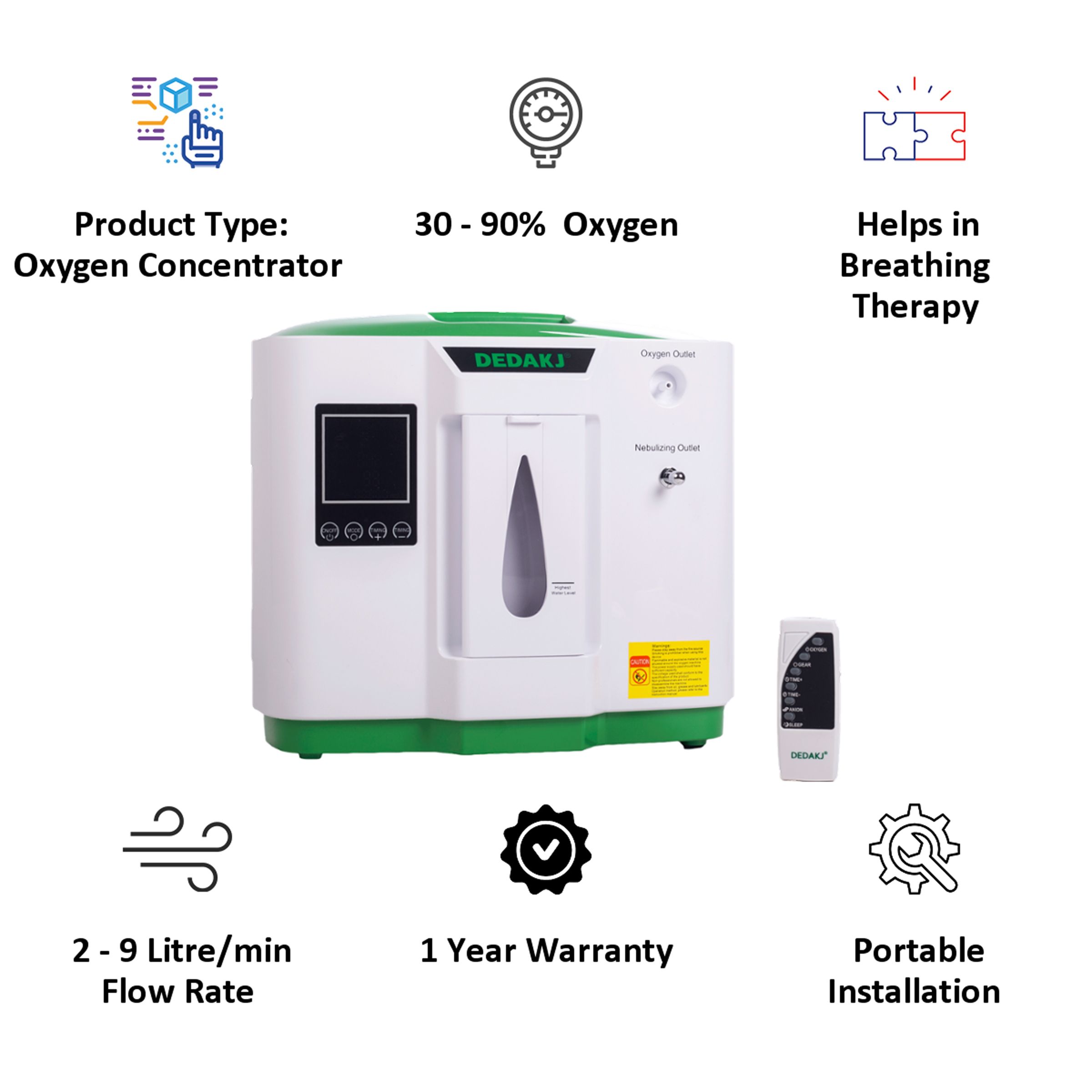 DEDAKJ Household Oxygen Concentrator (Flow Rate: 2 - 9 L/min, DE-2AW, White)_4