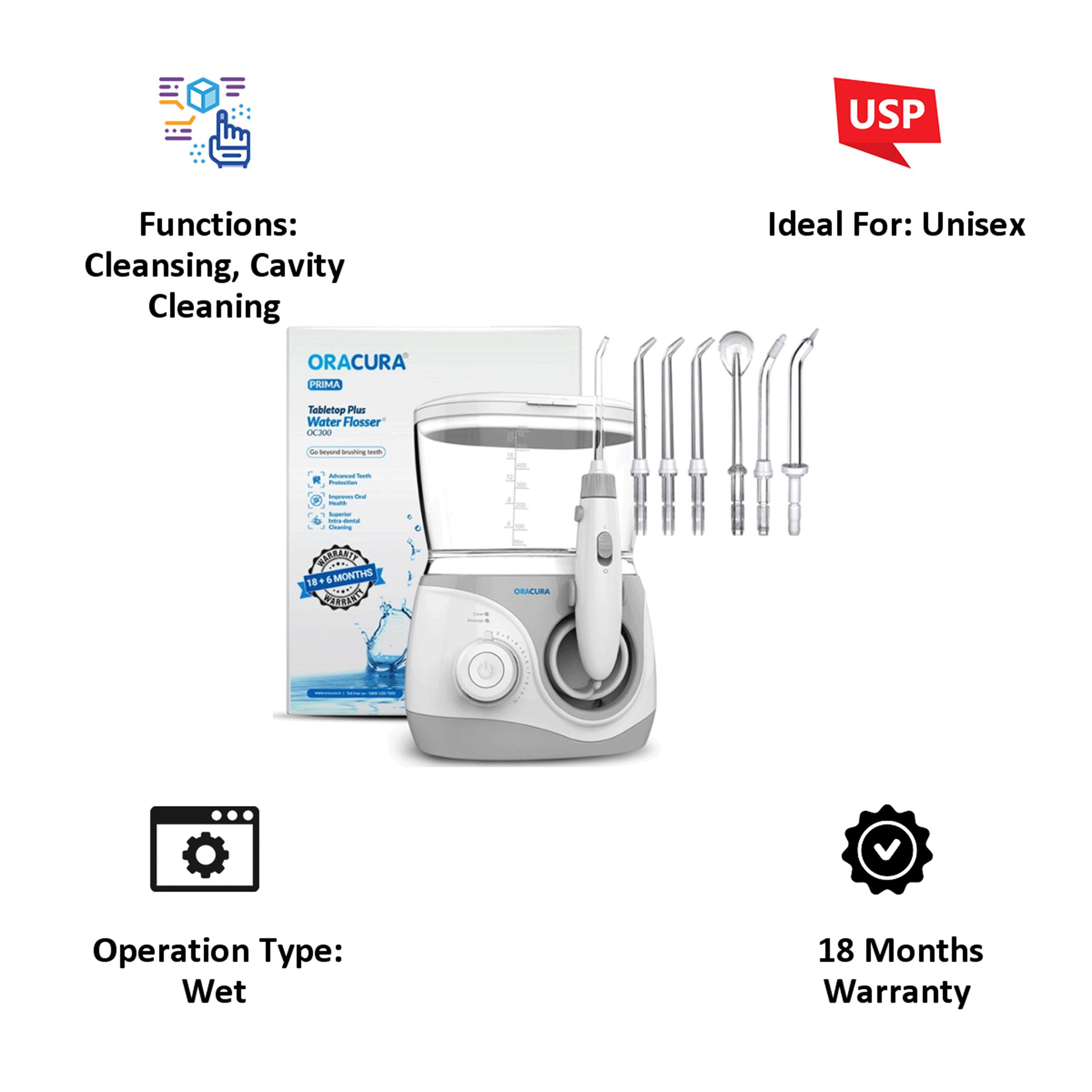 ORACURA Tabletop Plus Dental Floss for Unisex (10 Adjustable Water Pressure, OC300, White)_3