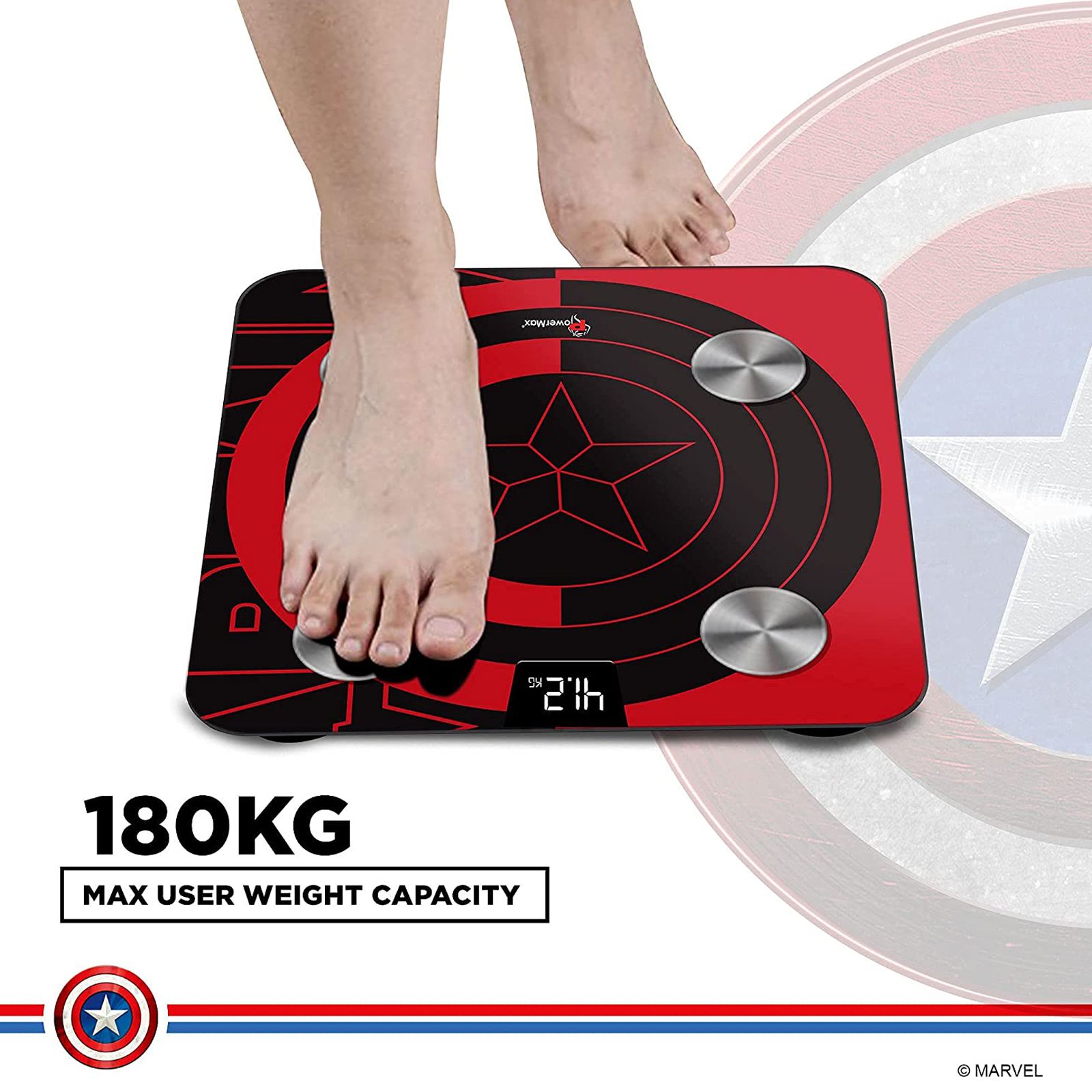 PowerMax Marvel Edition Captain America Weight Scale (Step-on Technology, BCA-130-CA-RD, Red)_3