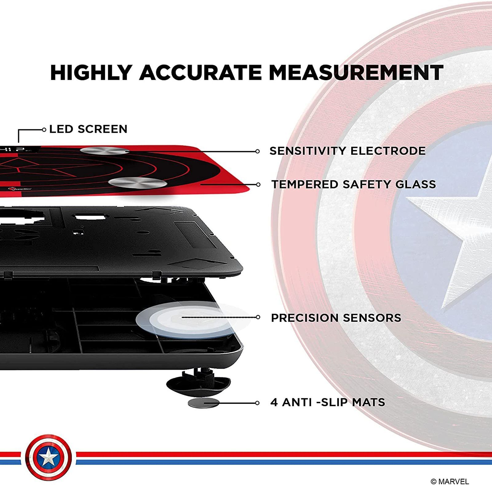 PowerMax Marvel Edition Captain America Weight Scale (Step-on Technology, BCA-130-CA-RD, Red)_4