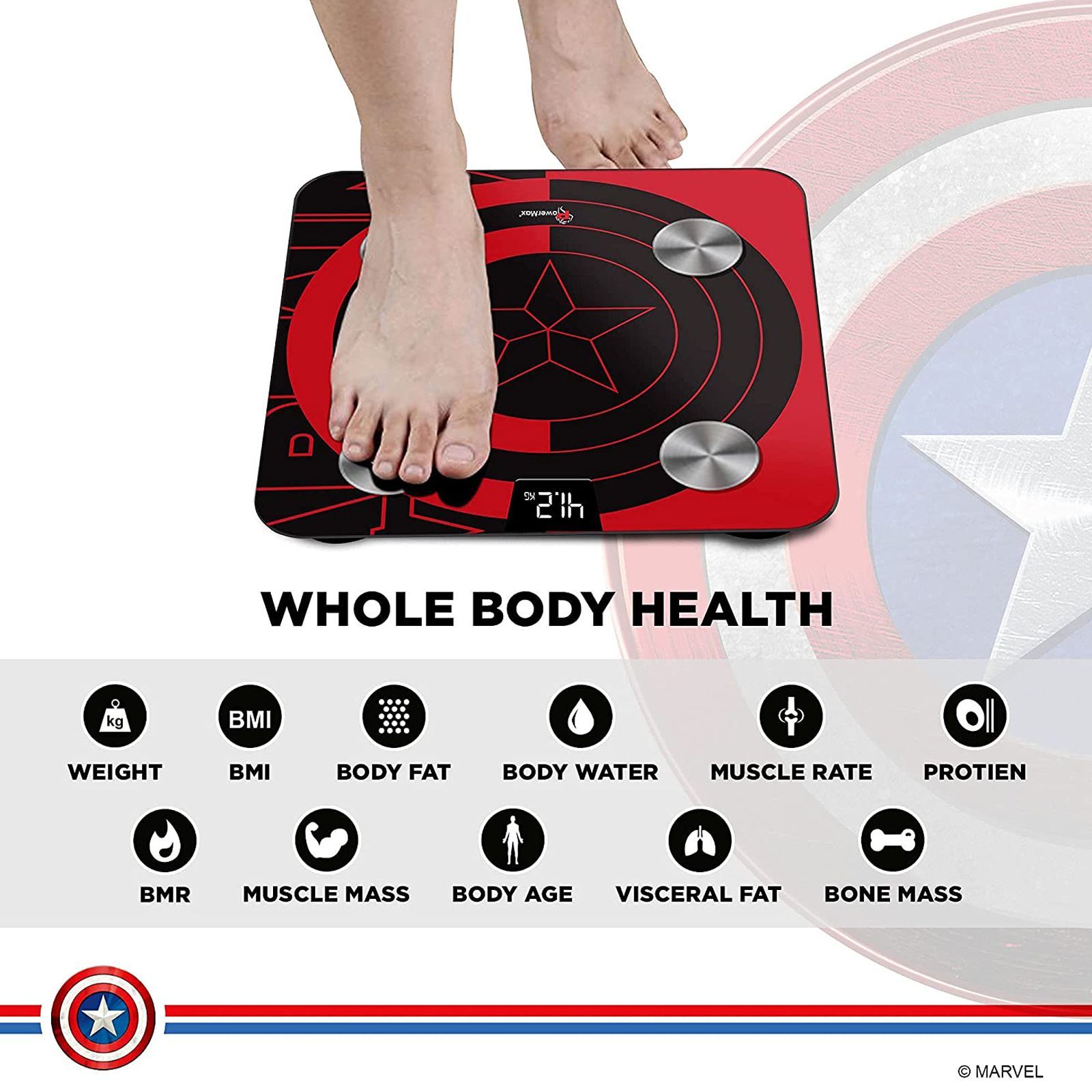 PowerMax Marvel Edition Captain America Weight Scale (Step-on Technology, BCA-130-CA-RD, Red)_5