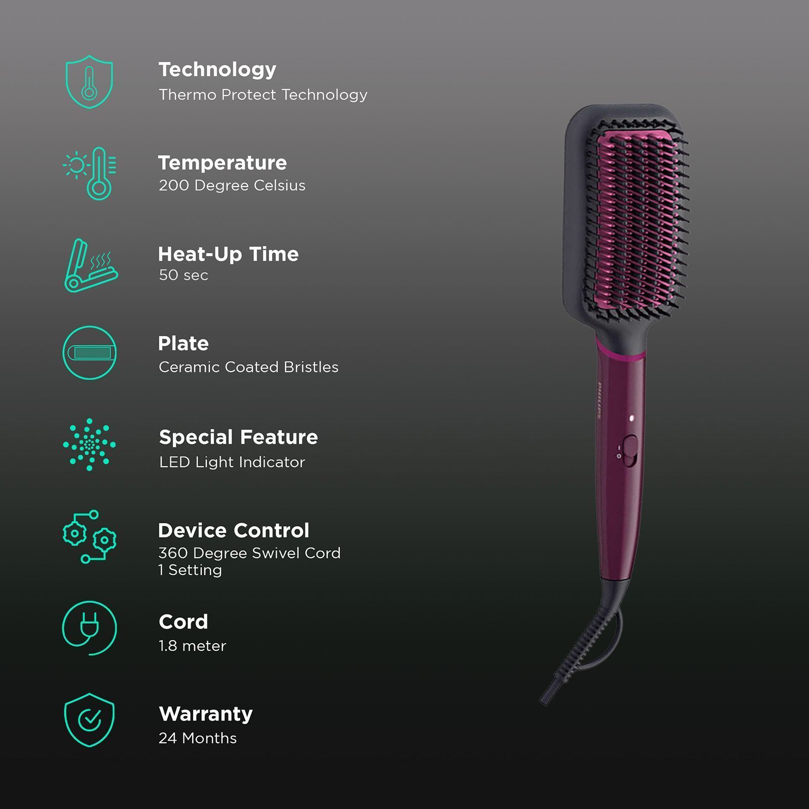 PHILIPS 5000 Hair Straightening Brush with Thermo Protect Technology (Ceramic Bristles, Dark Wine)_2