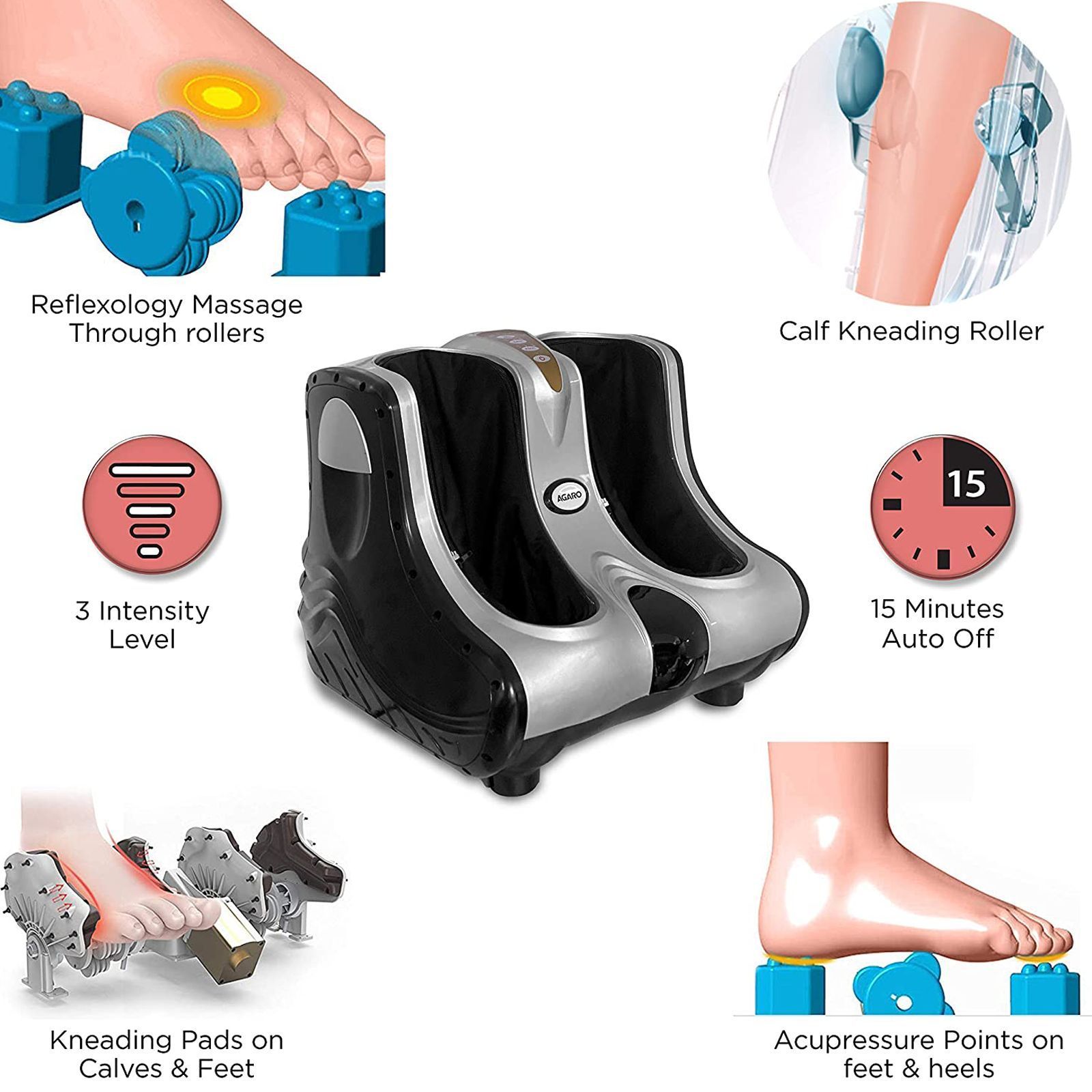 AGARO Amaze Leg Massager (3 Massage Levels, Auto Shut Off, 33320, Silver & Black)_3