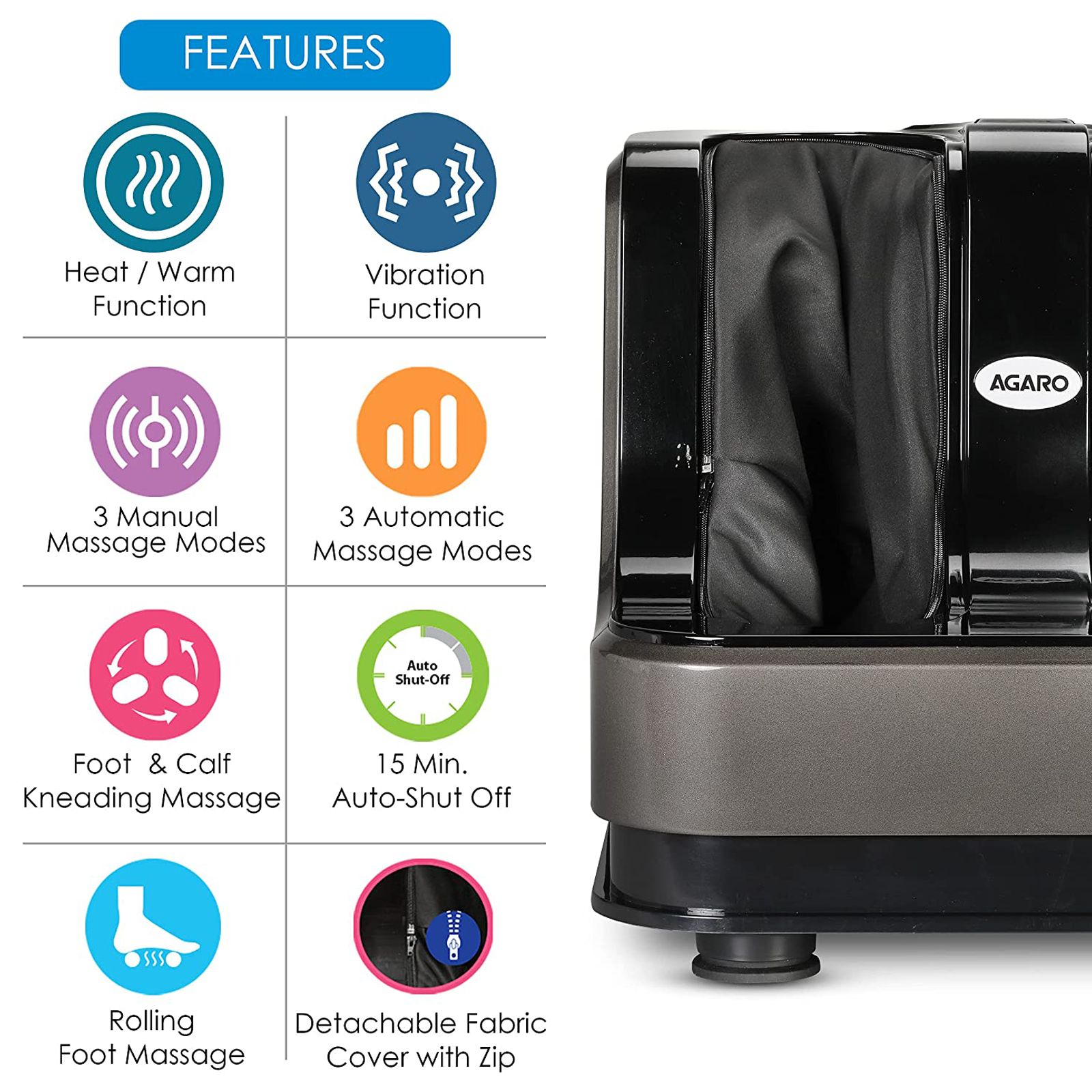 AGARO Rejoice Foot, Calf & Leg Massager (15 Minutes Auto- Shut Off, 33505, Grey)_4