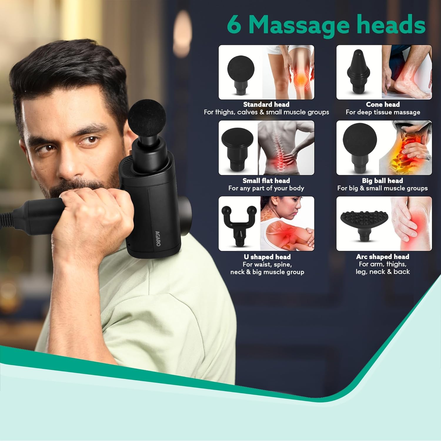 AGARO Impact Electric Gun Body Massager (6 Interchangeable Massage Heads, 33659, Black)_4