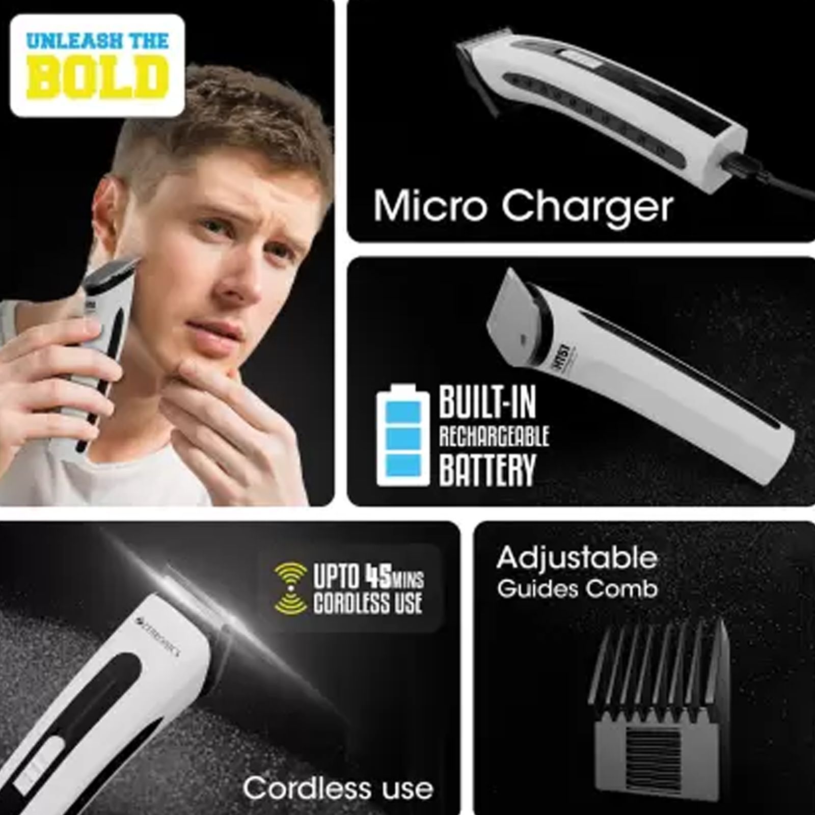 ZEBRONICS ZEB-HT51 Cordless Dry Trimmer for Beard and Moustache with 3 Length Settings for Men (45mins Runtime, Adjustable Trimming Range, White and Black) ZEBRONICS ZEB-HT51 Cordless Dry Trimmer for Beard and Moustache with 3 Length Settings for Men (45mins Runtime, Adjustable Trimming Range, White and Black)_6