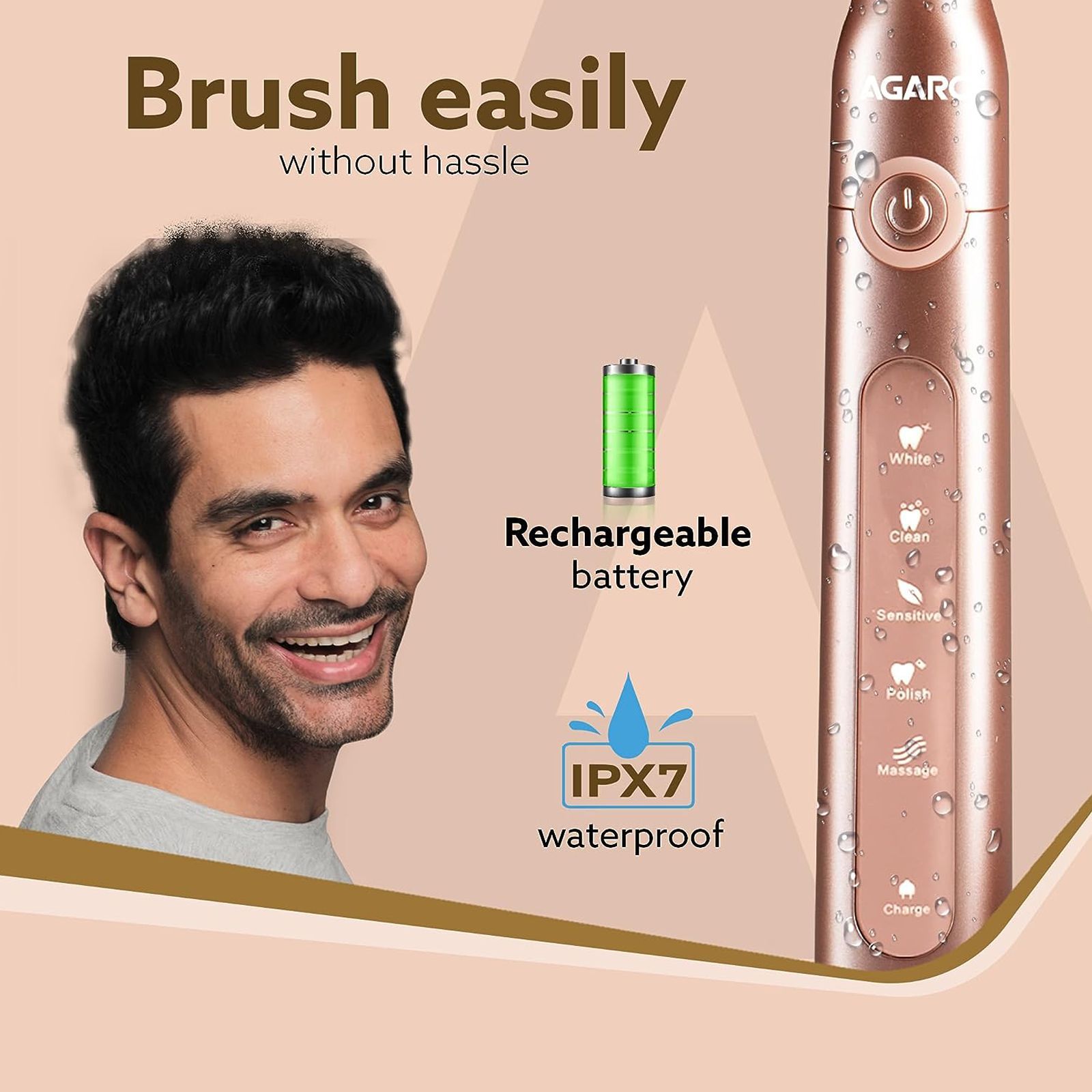 AGARO Cosmic Plus Rechargeable Electric Toothbrush with 5 Replacement Heads for Adults (Smart Timer, Rose Gold)_4