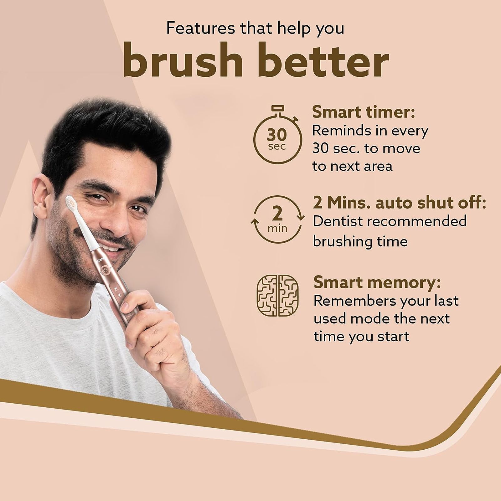 AGARO Cosmic Plus Rechargeable Electric Toothbrush with 5 Replacement Heads for Adults (Smart Timer, Rose Gold)_6