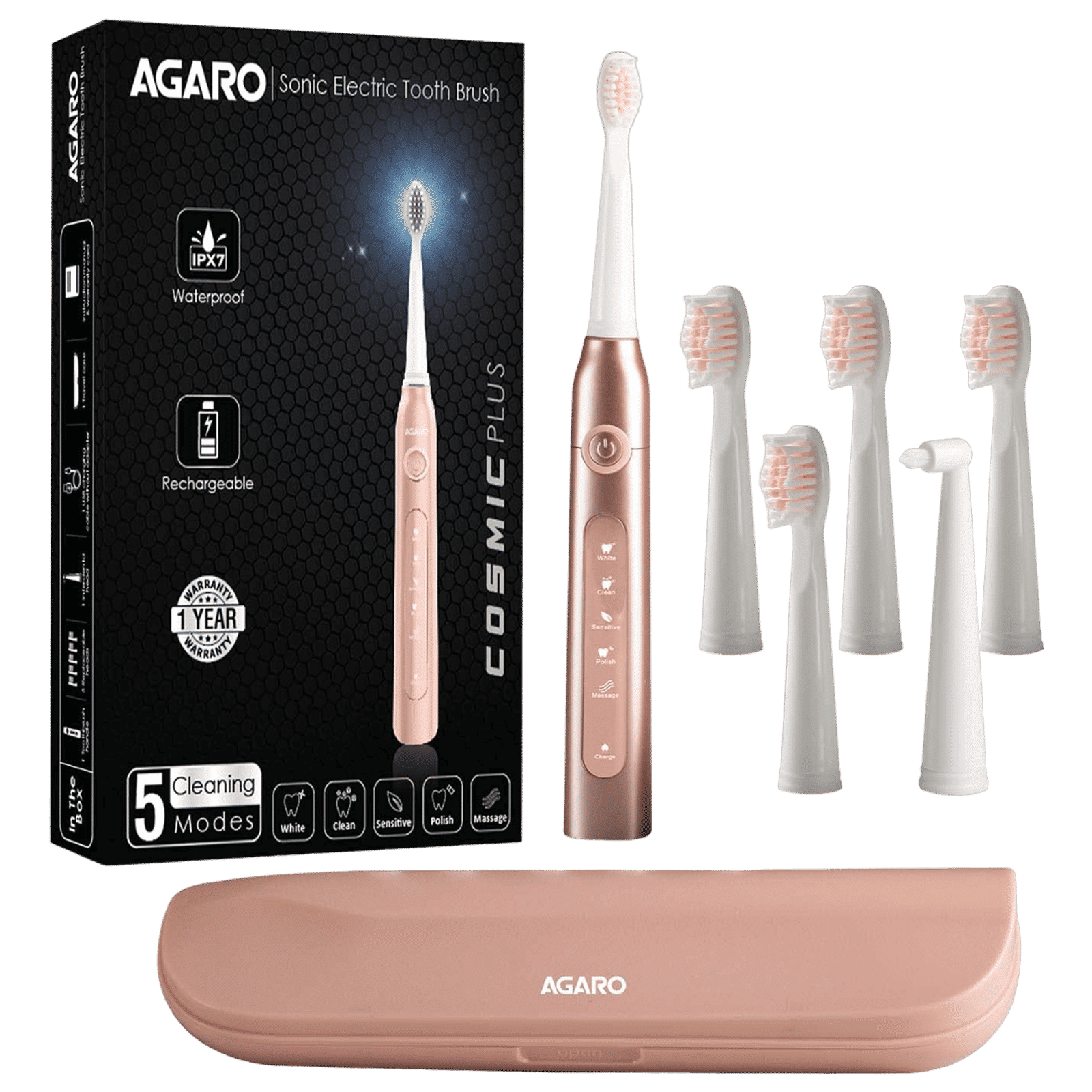 AGARO Cosmic Plus Rechargeable Electric Toothbrush with 5 Replacement Heads for Adults (Smart Timer, Rose Gold)_1