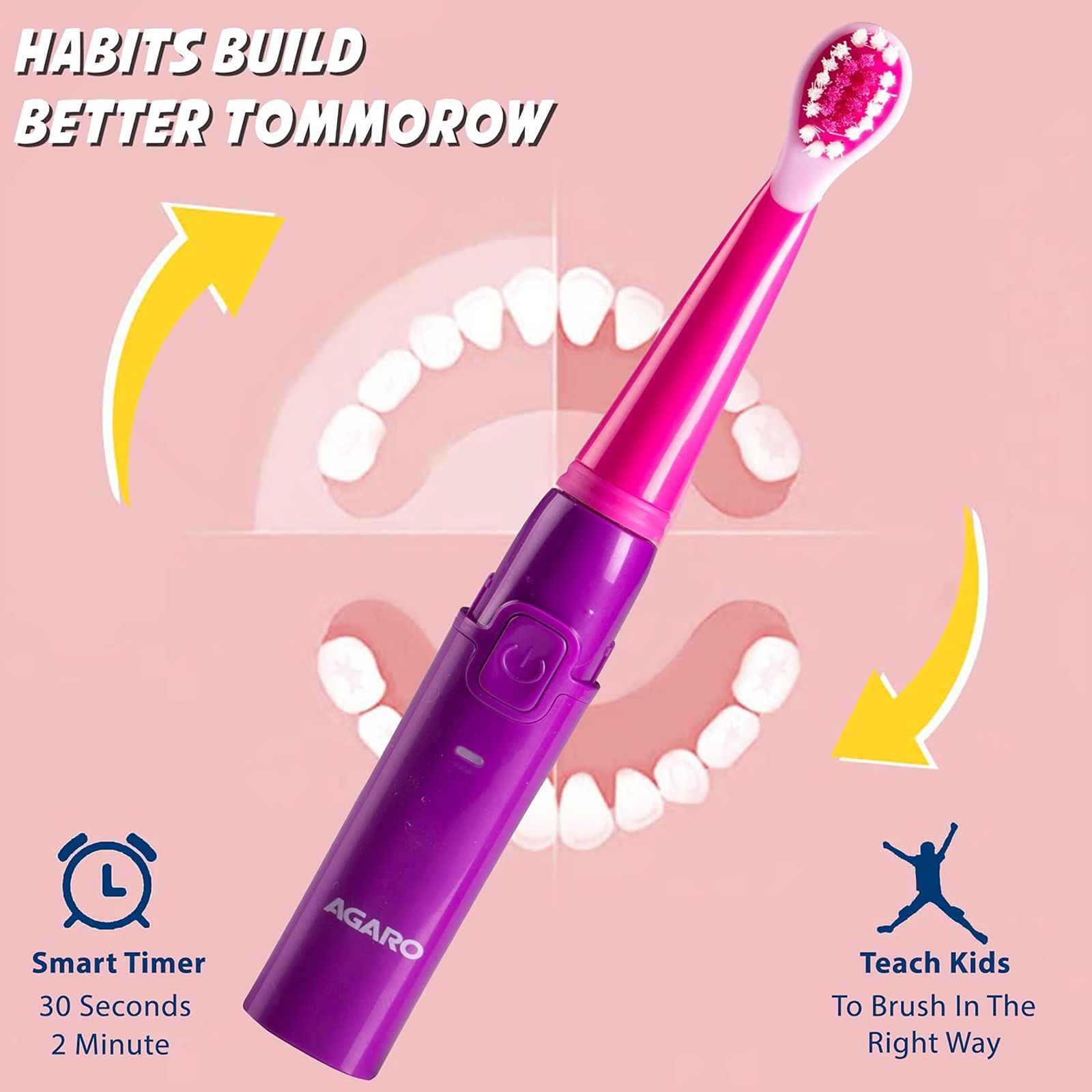 AGARO REX Sonic Rechargeable Electric Toothbrush with 2 Replacement Heads for Kids (3 Cleaning Modes, Purple)_3