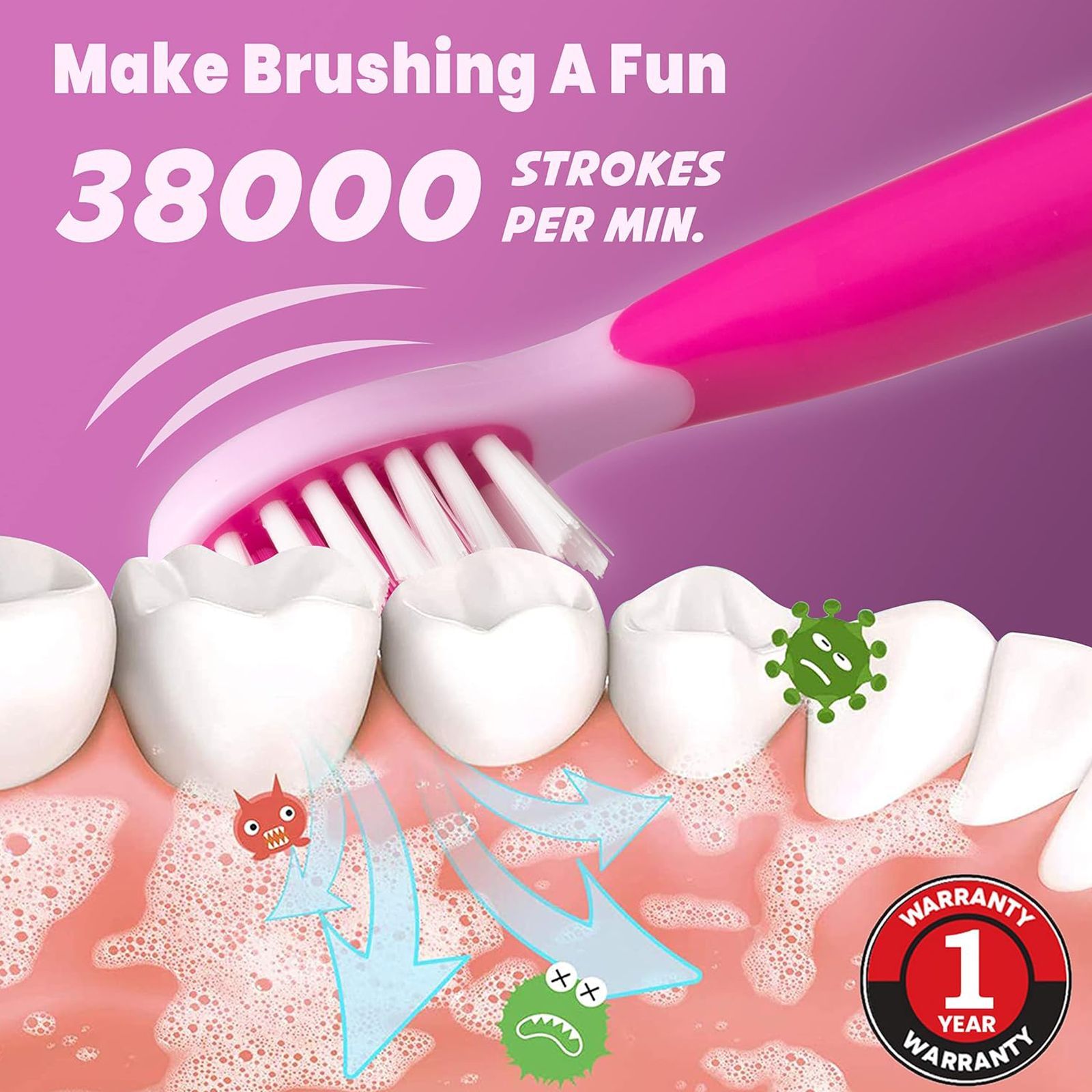 AGARO REX Sonic Rechargeable Electric Toothbrush with 2 Replacement Heads for Kids (3 Cleaning Modes, Purple)_5