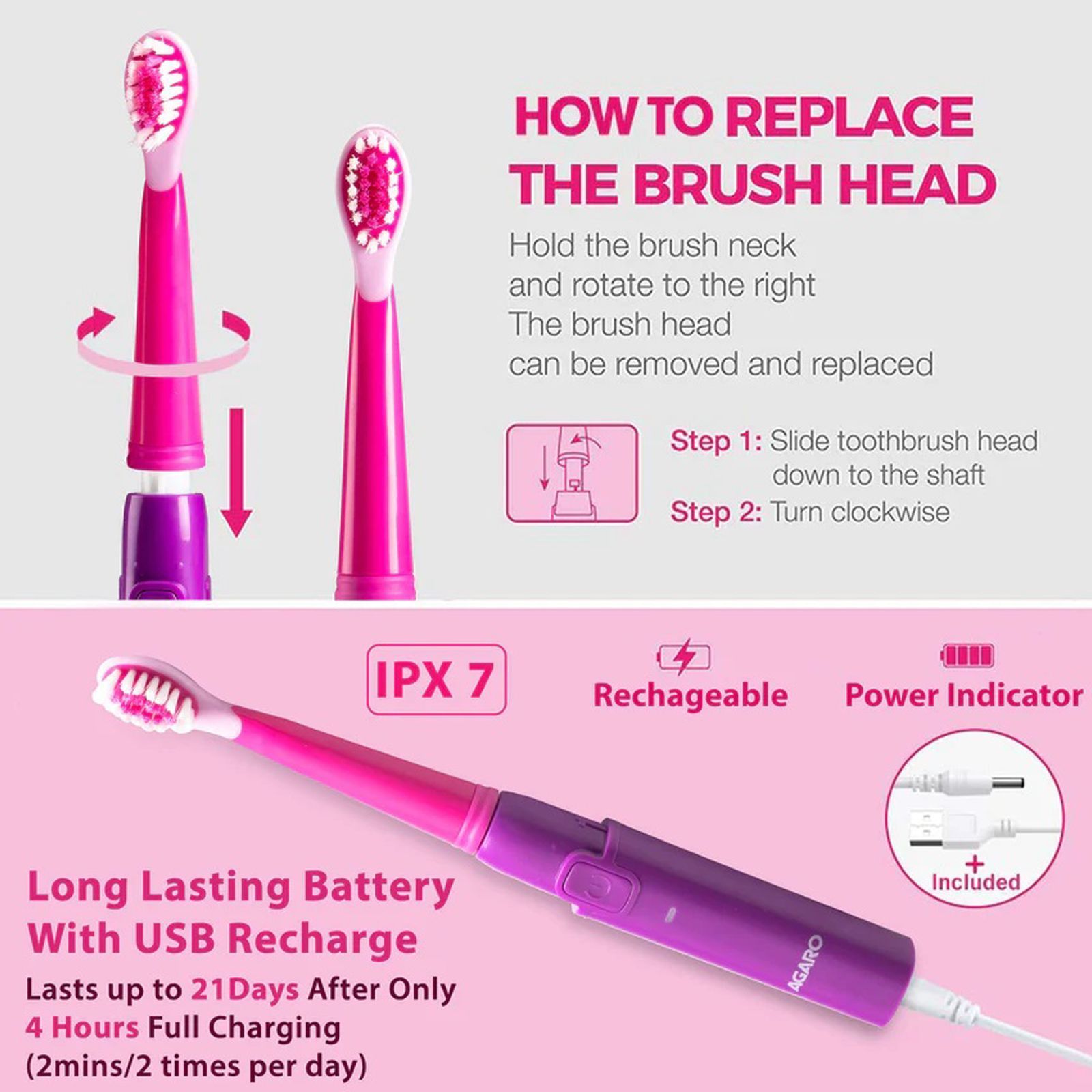 AGARO REX Sonic Rechargeable Electric Toothbrush with 2 Replacement Heads for Kids (3 Cleaning Modes, Purple)_6