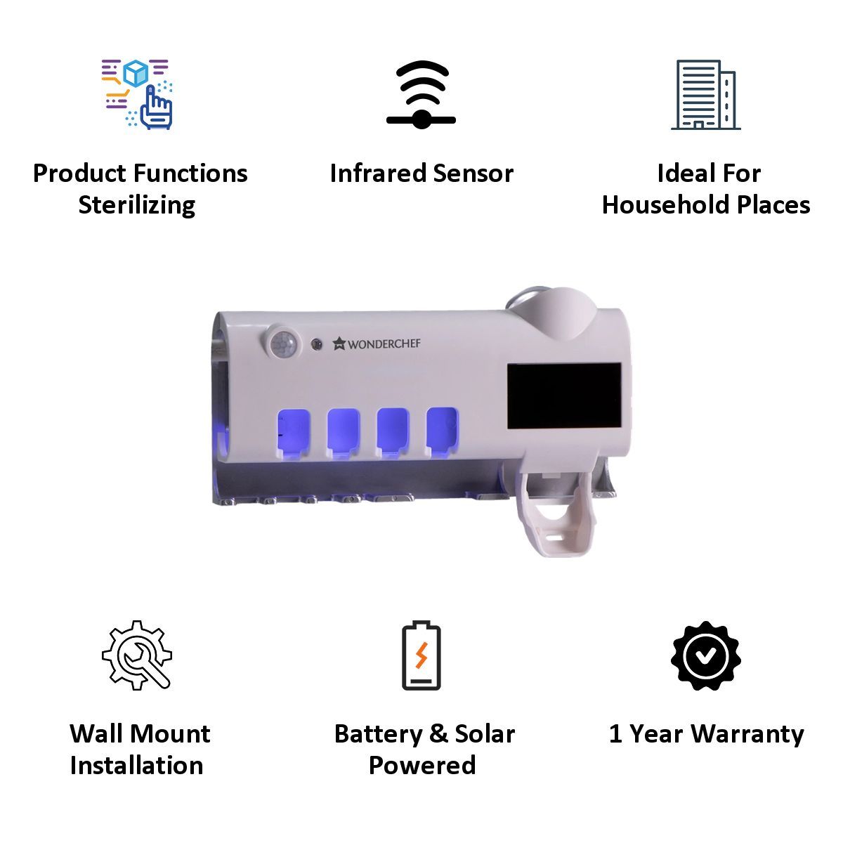 WONDERCHEF Battery, Solar Powered UV Toothbrush Sterilizer (Sterilization Up To 99.5 Percent, 63153586, White)_5