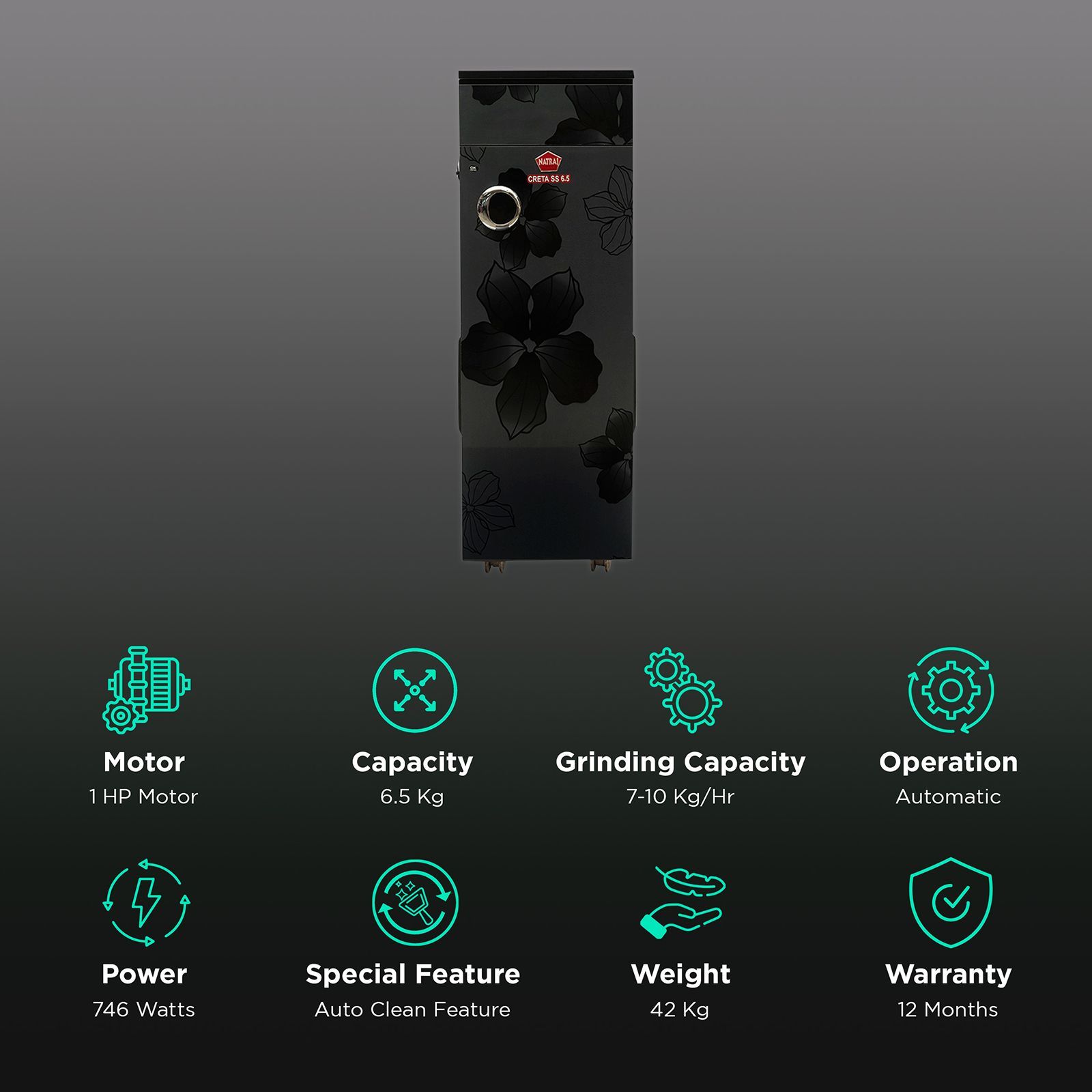 NATRAJ Creta 746 Watts 6.5 kg Flour Mill Machine (Auto Clean, AC-105, Black)_2