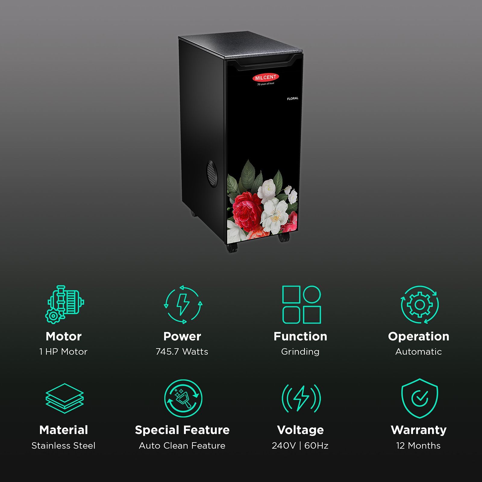 MILCENT Flour Mill Machine (Inbuilt Vaccum Cleaner, FLORAL VC-210, Black)_2