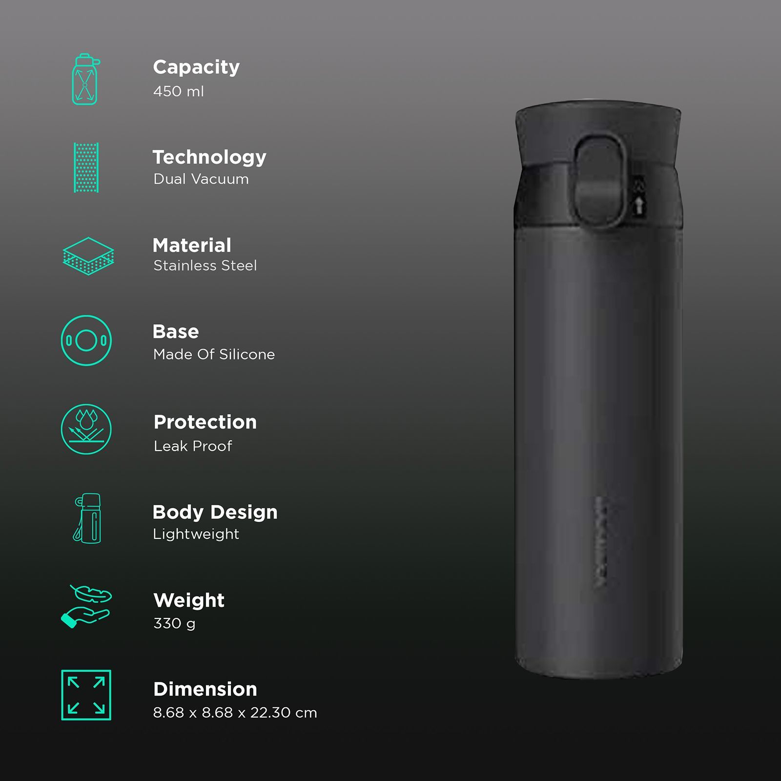 LocknLock Wannabe 450 ml Cylindrical Stainless Steel Water Bottle (Leak proof, LHC3240BLK, Black)_3