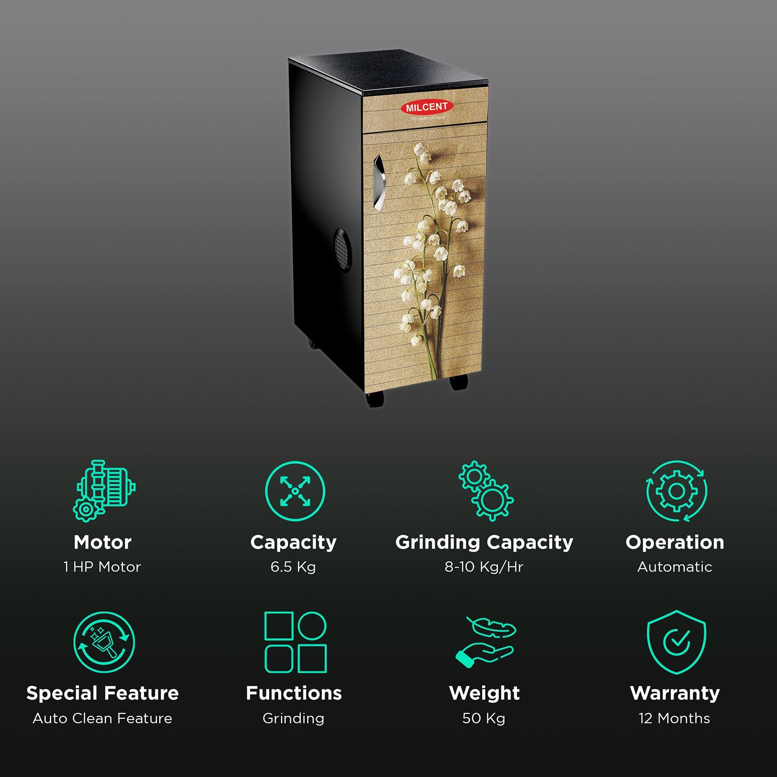 MILCENT Five Star Plus TVC 210 Watts 6 Kg Flour Mill Machine (Automatic Operation with Inbuilt Vacuum Clean, Swis r, Black)_2