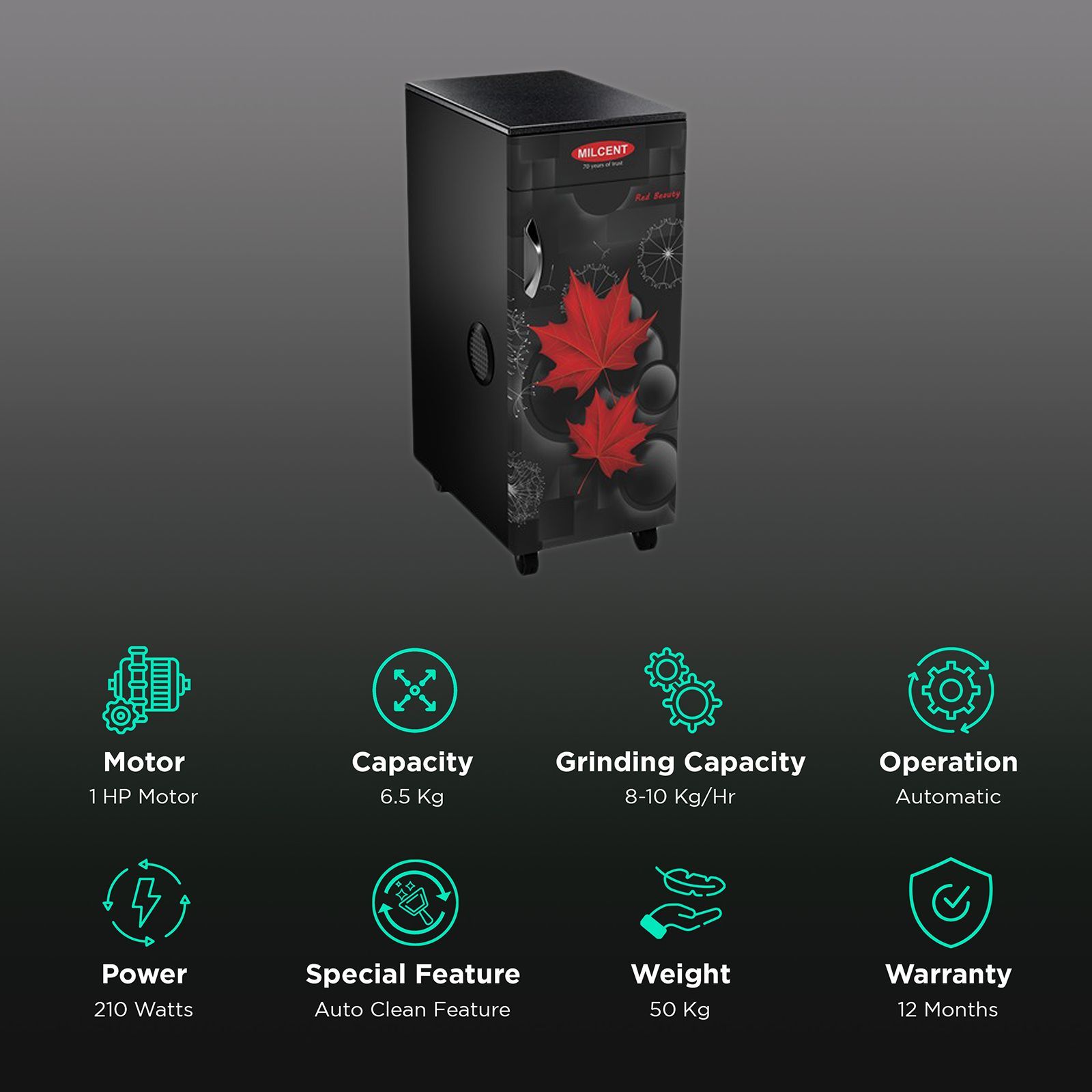 MILCENT Platinum Plus VC 210 Watts 6.5 Kg Flour Mill Machine (Automatic Operation, Black)_2