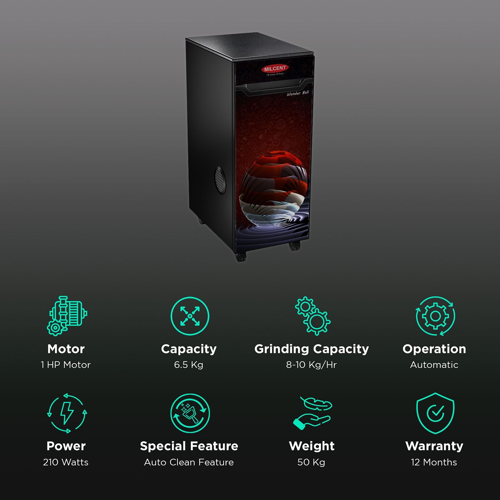 MILCENT Platinum Plus VC 210 Watts 6.5 Kg Flour Mill Machine (Automatic Operation with Inbuilt Vacuum Clean, Wonder Bal, Black) MILCENT Platinum Plus VC 210 Watts 6.5 Kg Flour Mill Machine (Automatic Operation with Inbuilt Vacuum Clean, Wonder Bal, Black)_2