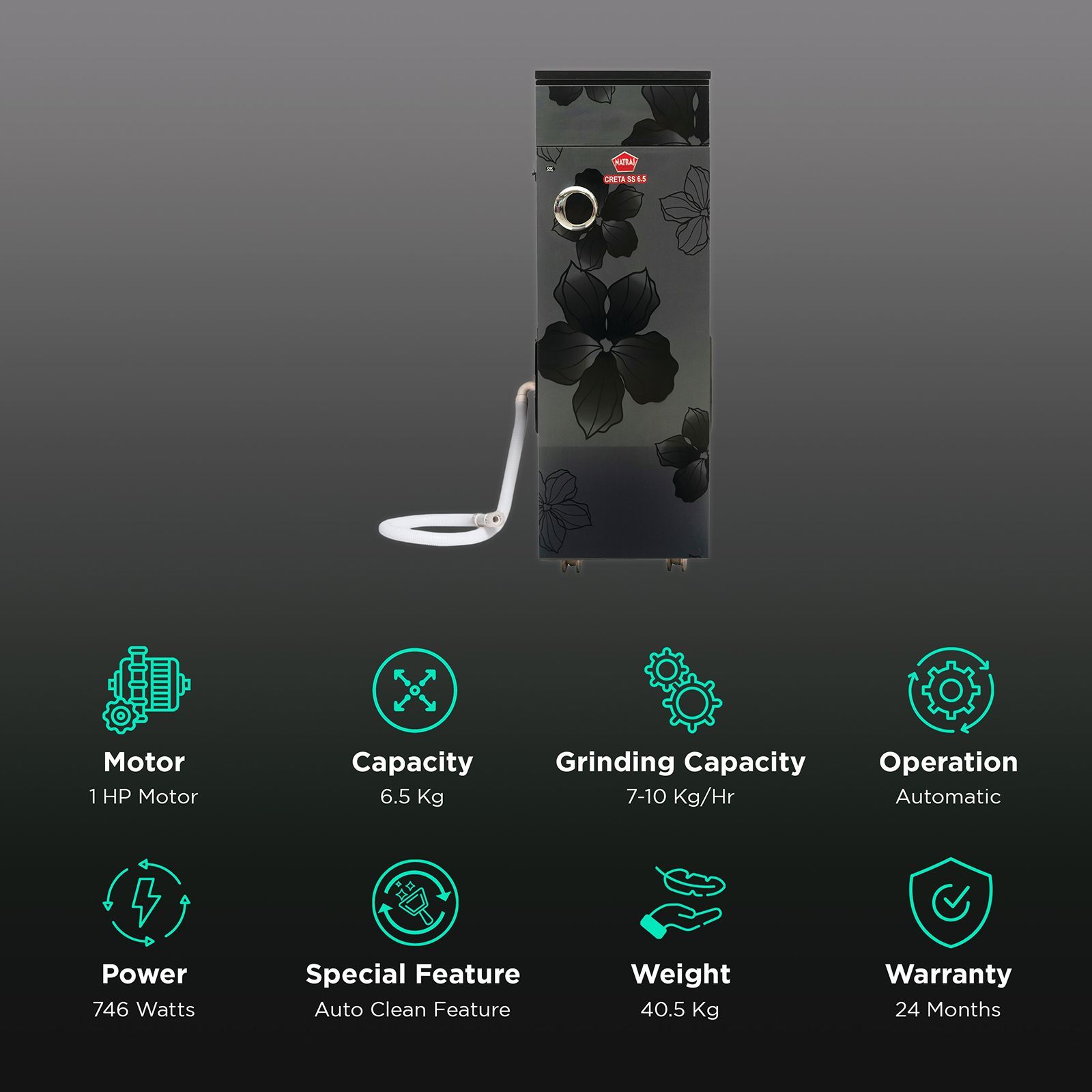 NATRAJ Creta Designer 746 Watts 6.5 Kg Flour Mill Machine (Auto Clean Feature, VC-111, Black)_2