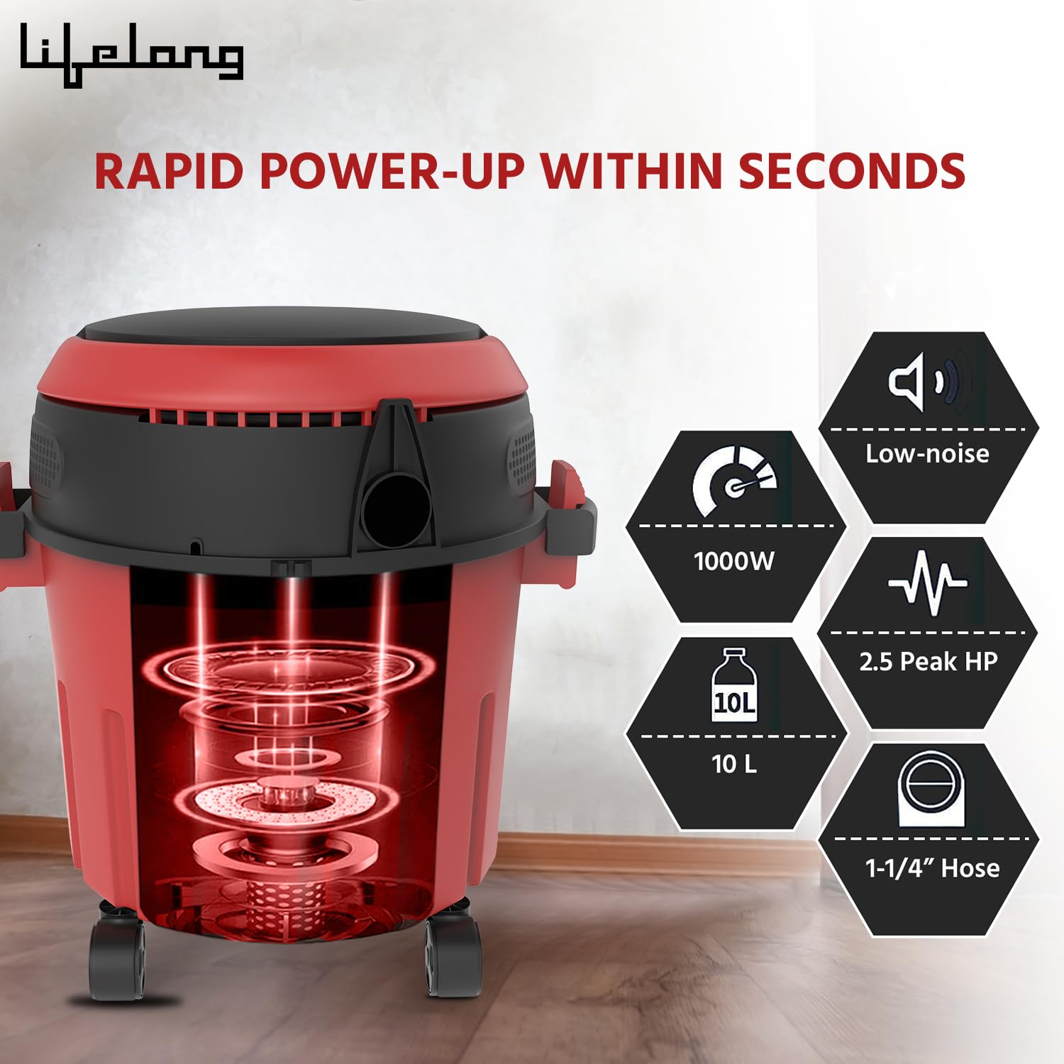 Lifelong Aspire 1000W Wet & Dry Vacuum Cleaner with Turbo Motor (Blower Function, Red & Black)_5