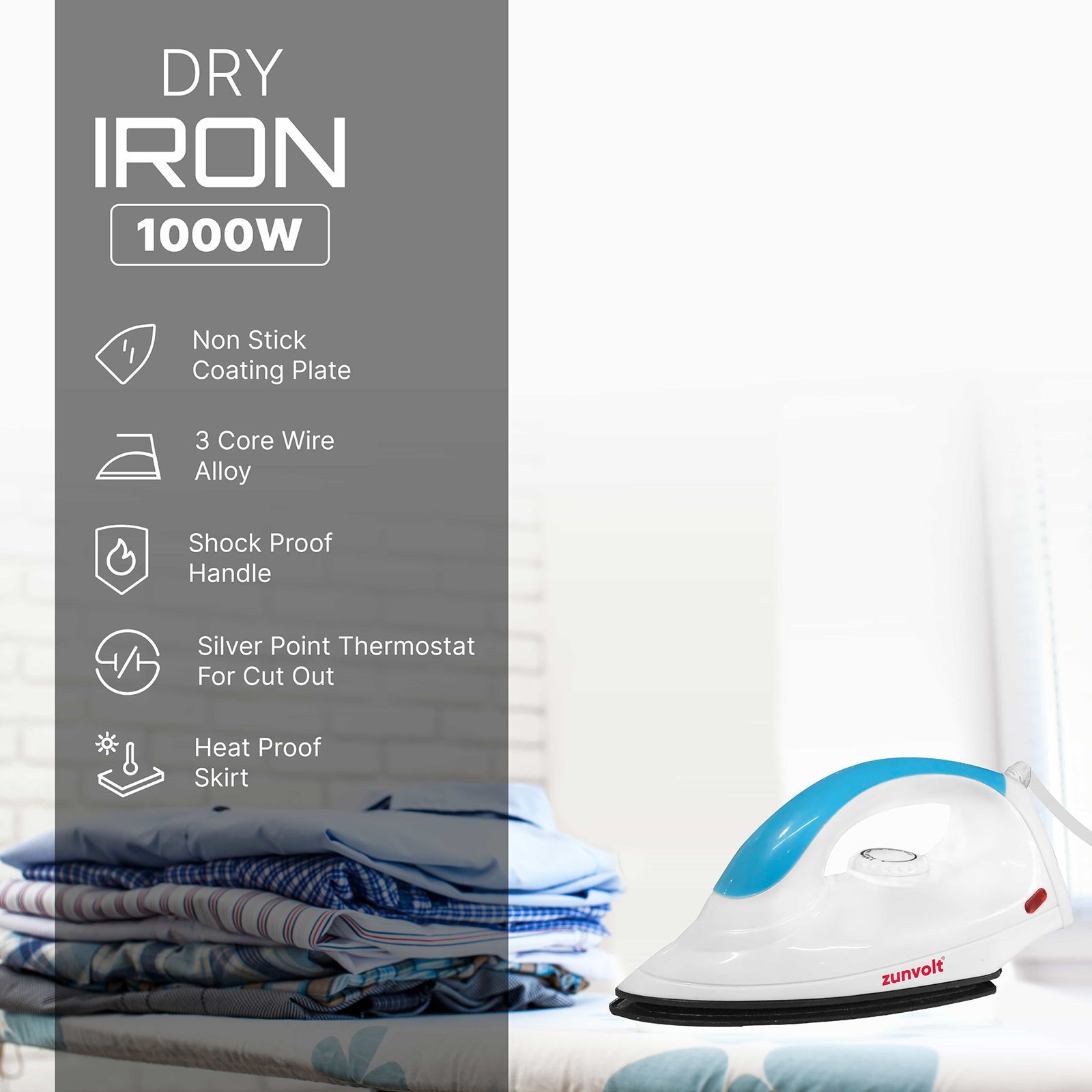 Zunpulse ZunVolt 1000 Watts Dry Iron (Auto Temperature Control, Blue)_6
