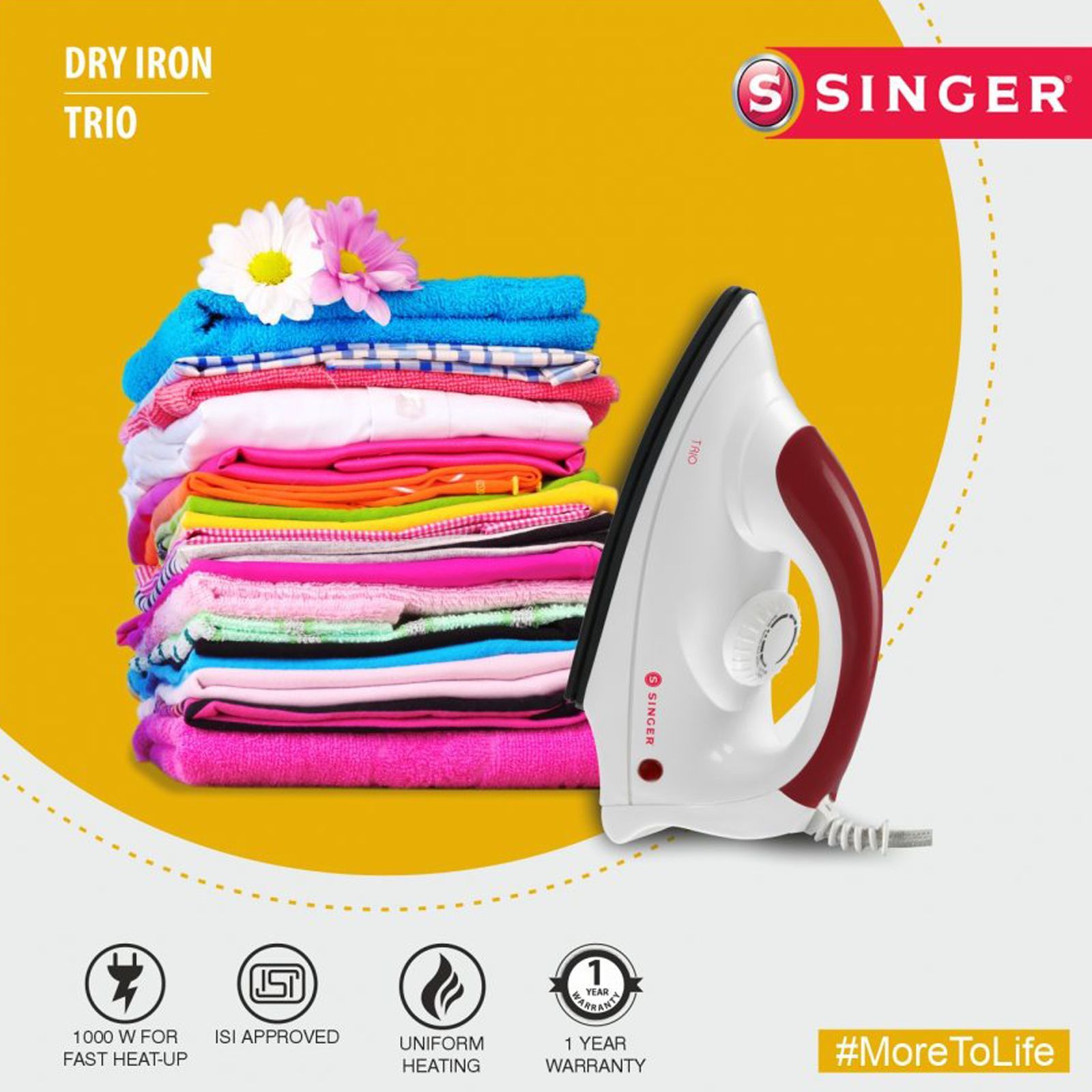 SINGER Trio 1000 Watts Dry Iron (5 Mode, White & Red)_3