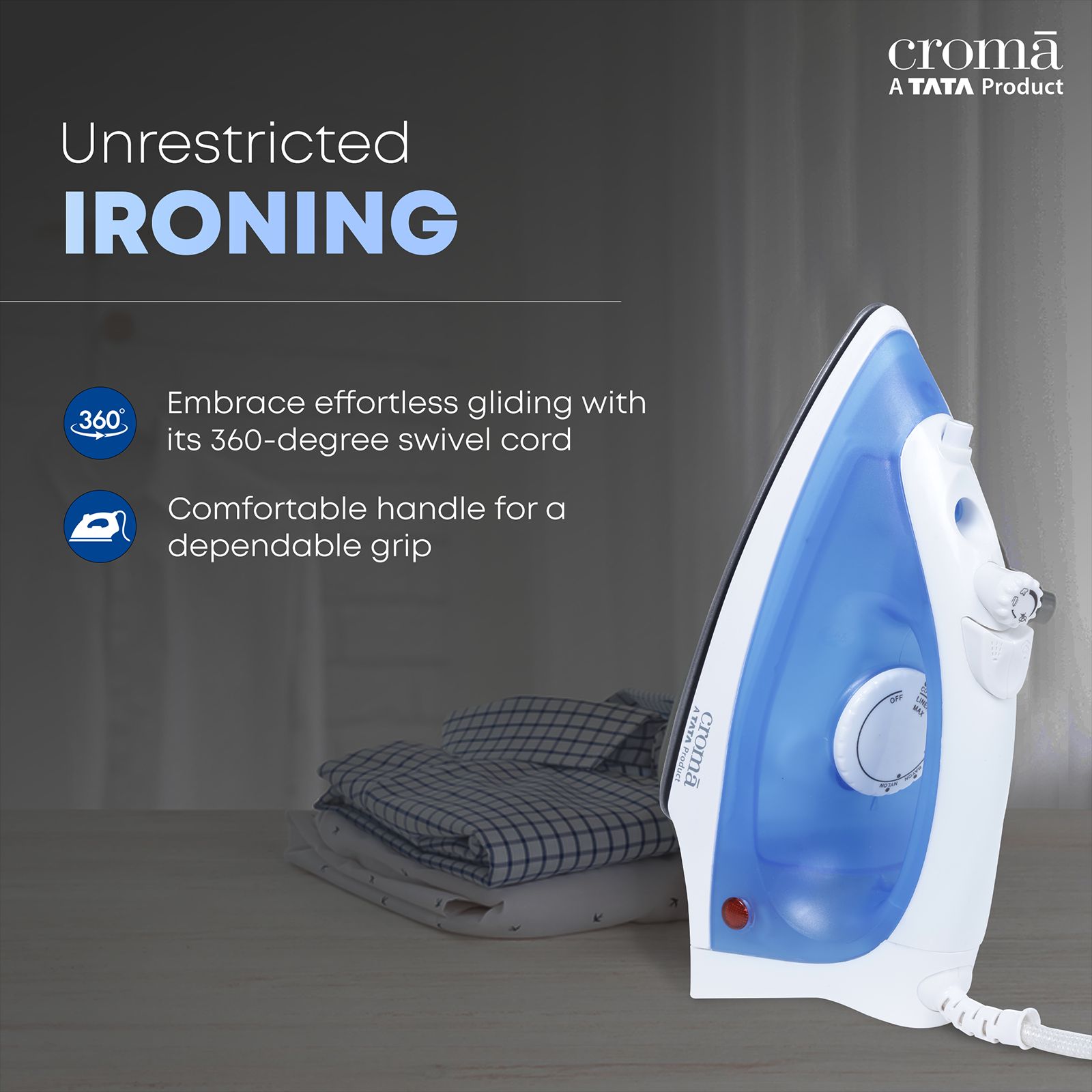 Croma 1200 Watts 180ml Steam Iron (360 Degree Swivel Cord, Blue)_14
