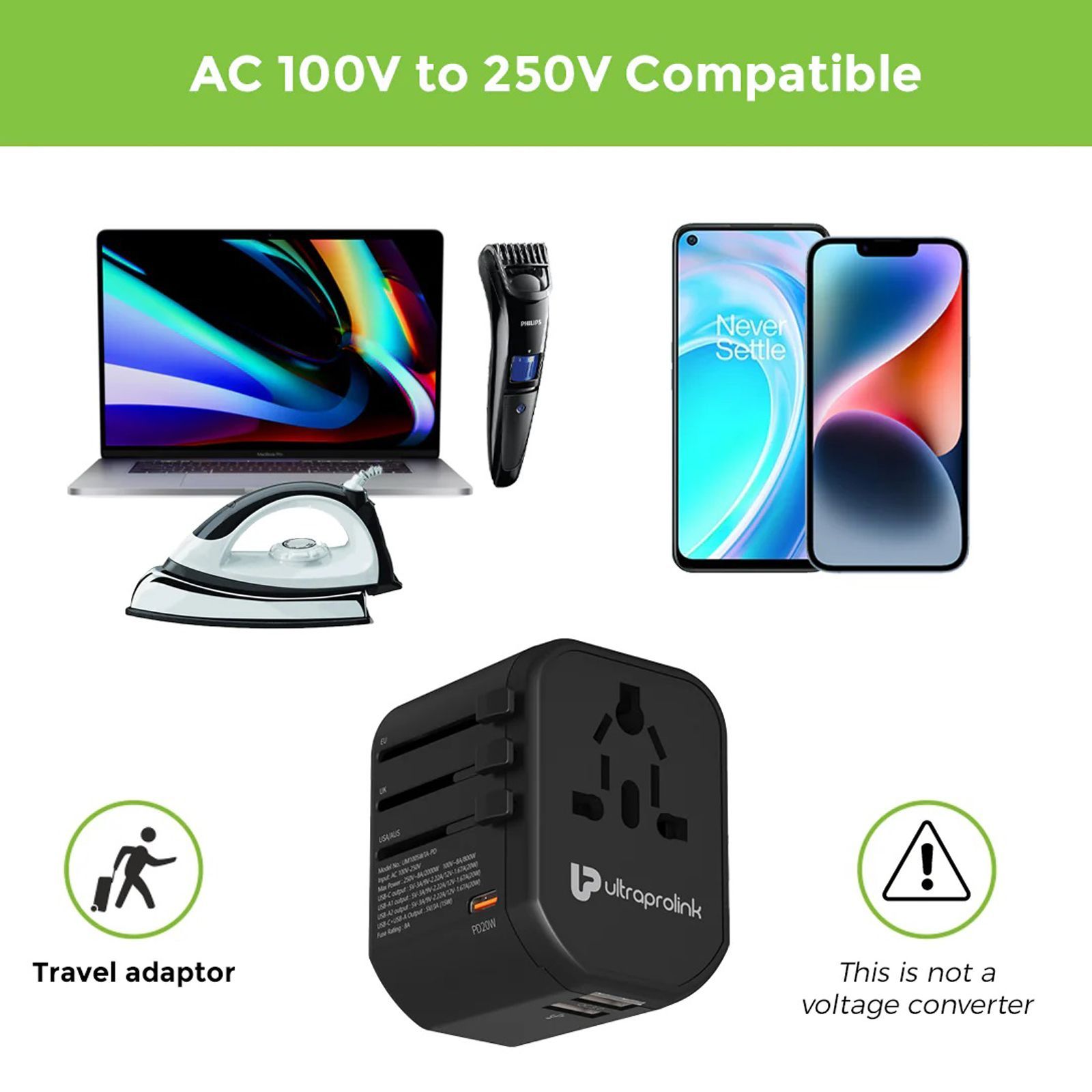 ultraprolink TravelMate 3 Plugs Travel Adapter (Worldwide Voltage Compatible, UM1005WTA-PD, Black)_8