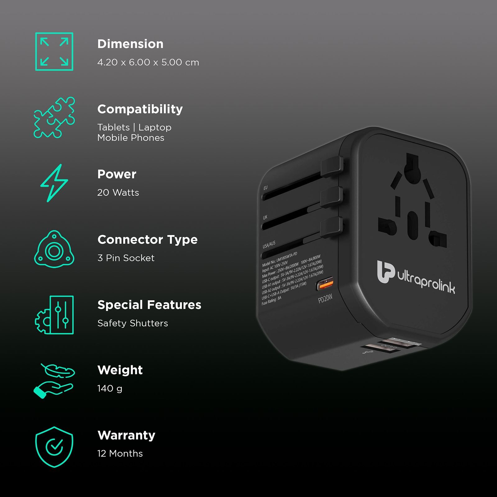 ultraprolink TravelMate 3 Plugs Travel Adapter (Worldwide Voltage Compatible, UM1005WTA-PD, Black)_3