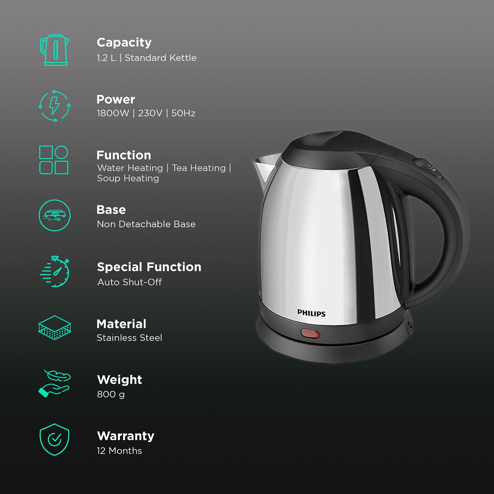 PHILIPS Daily collection 1800 Watt 1.2 Litre Electric Kettle with 360 Degree Cordless Base (Metallic silver)_3