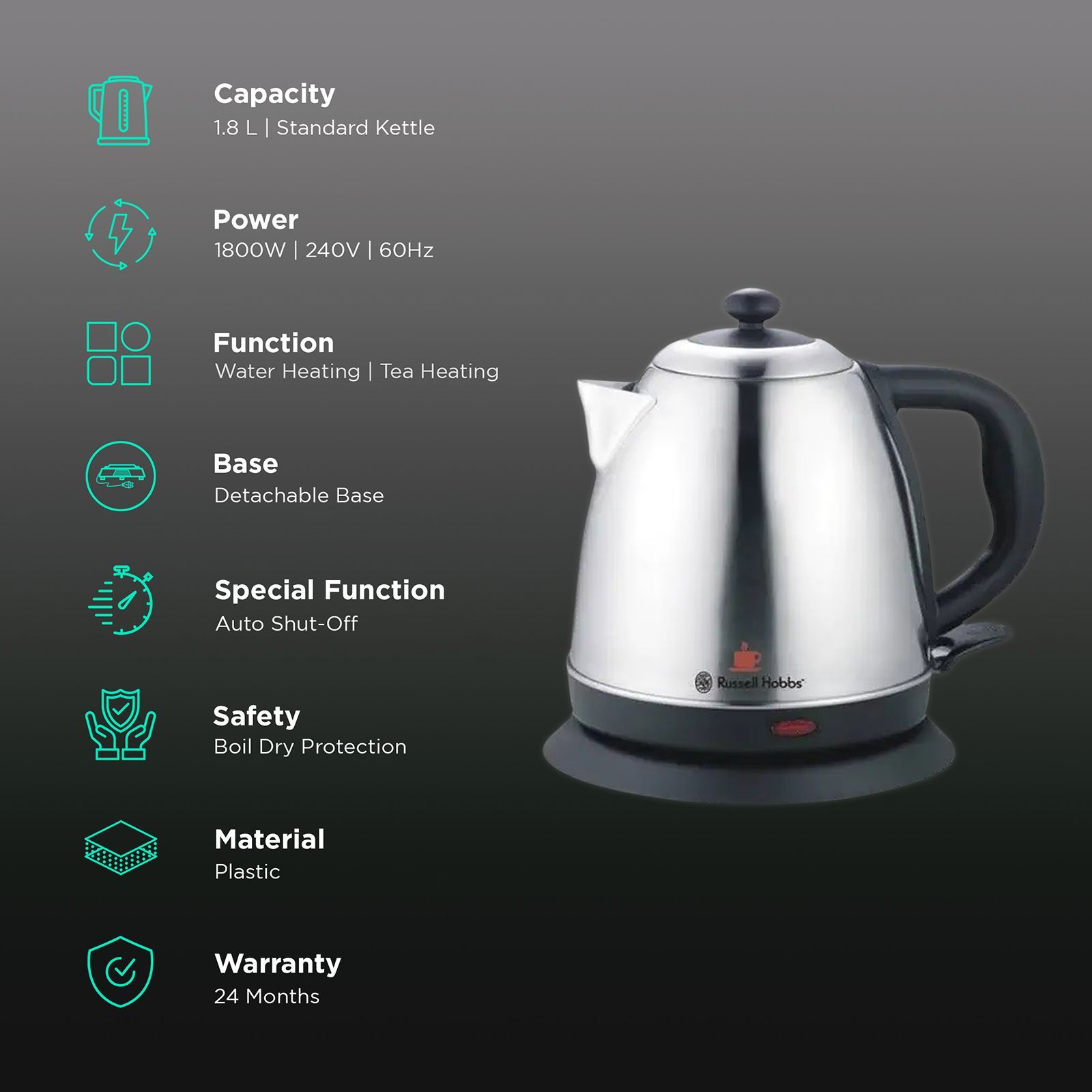 Russell Hobbs RJK1818S 1800 Watt 1.8 Litre Electric Kettle with 360 Degree Cordless Base (Silver/Black)_3
