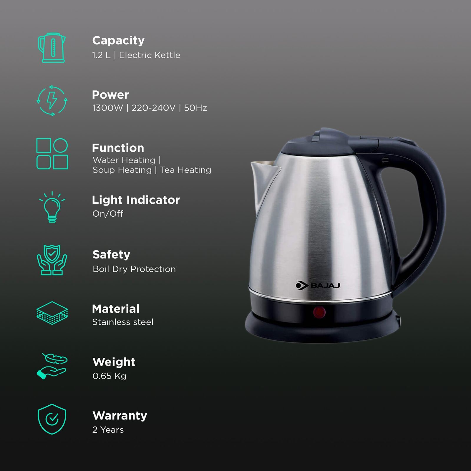 BAJAJ 1300 Watt 1.2 Litre Electric Kettle (Grey)_3