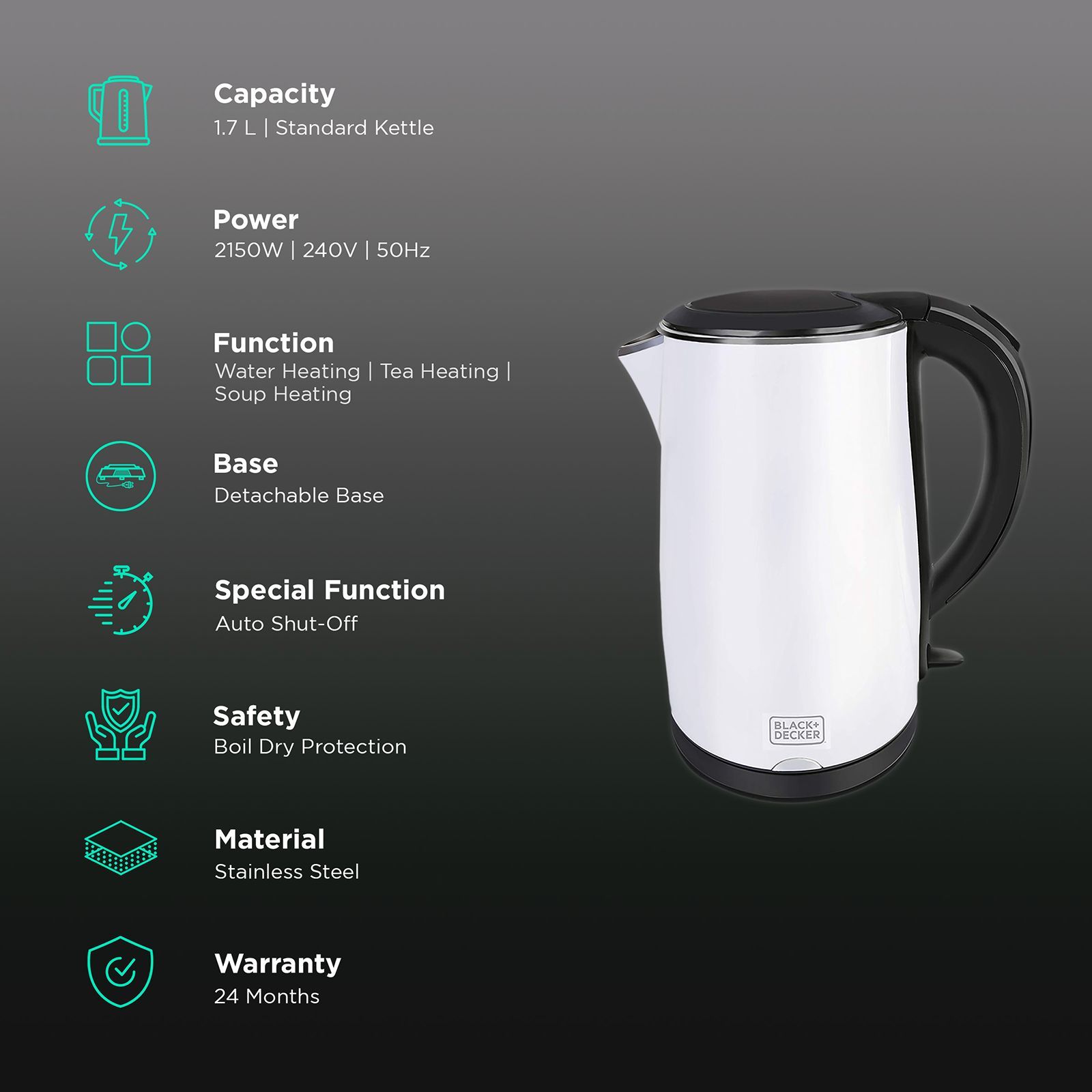 BLACK+DECKER 2150 Watt 1.7 Litre Electric Kettle with Auto Shut Off (White)_3