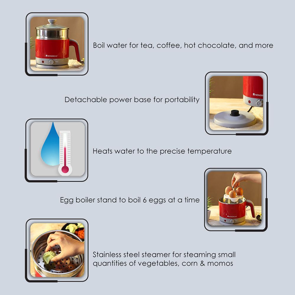 WONDERCHEF Luxe 1000 Watt 1.2 Litre Multi Cook Electric Kettle with Cordless Power Base (Red) WONDERCHEF Luxe 1000 Watt 1.2 Litre Multi Cook Electric Kettle with Cordless Power Base (Red)_10