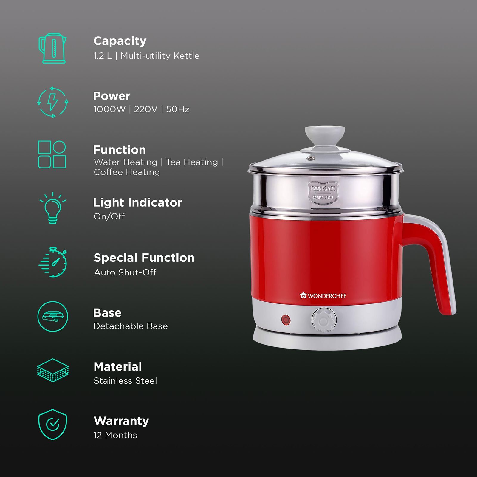 WONDERCHEF Luxe 1000 Watt 1.2 Litre Multi Cook Electric Kettle with Cordless Power Base (Red) WONDERCHEF Luxe 1000 Watt 1.2 Litre Multi Cook Electric Kettle with Cordless Power Base (Red)_3