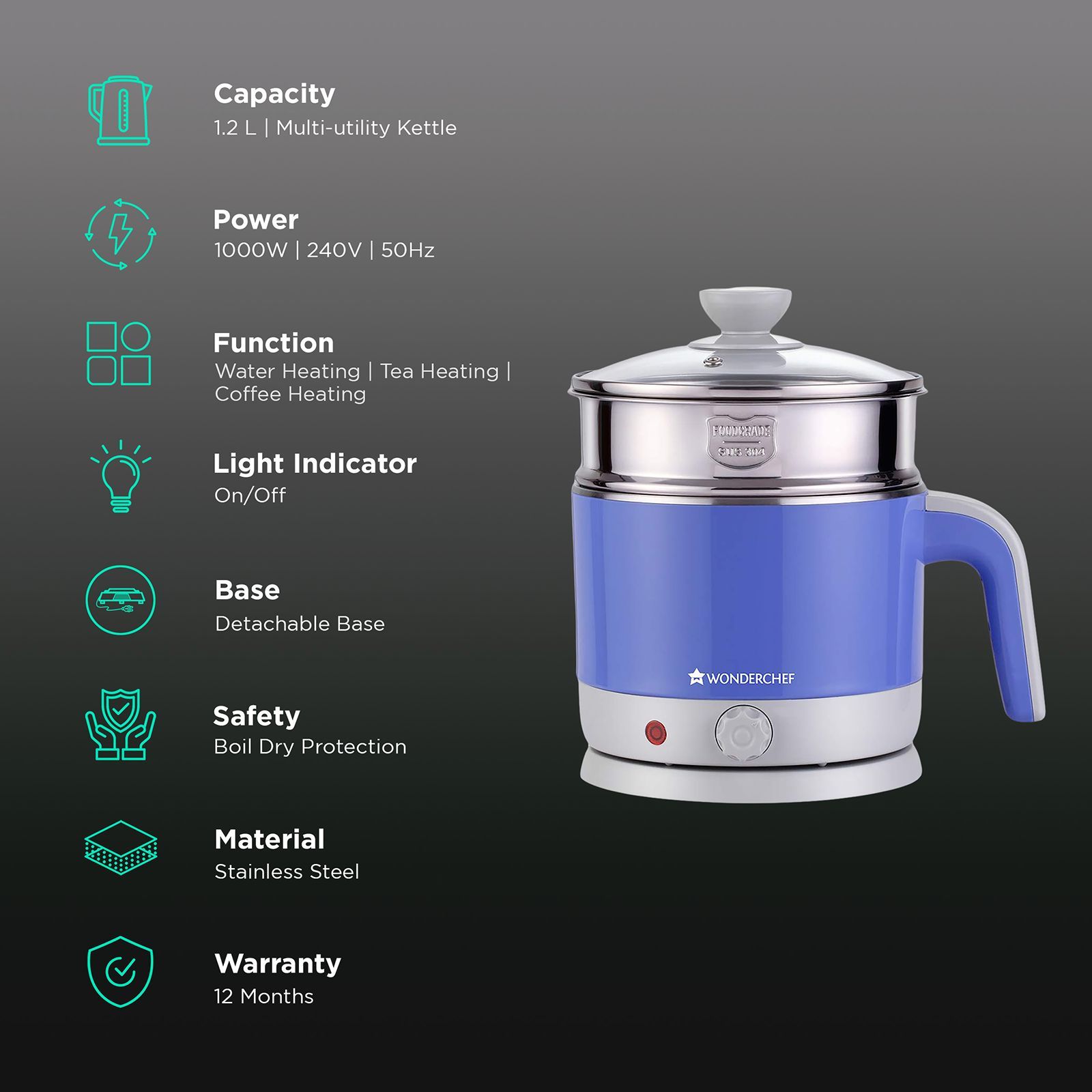 WONDERCHEF Luxe 1000 Watt 1.2 Litre Electric Kettle with Cool Touch Plastic Exterior (Blue)_3