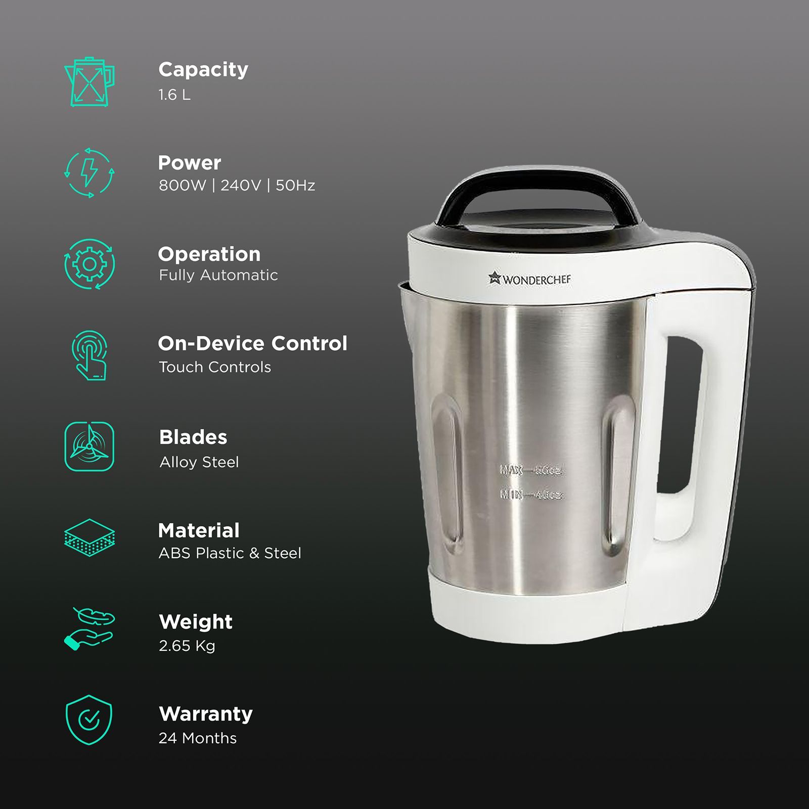 WONDERCHEF 800 Watt 1.6 Litre Soup Maker with Touch Control Panel (Steel/White)_2