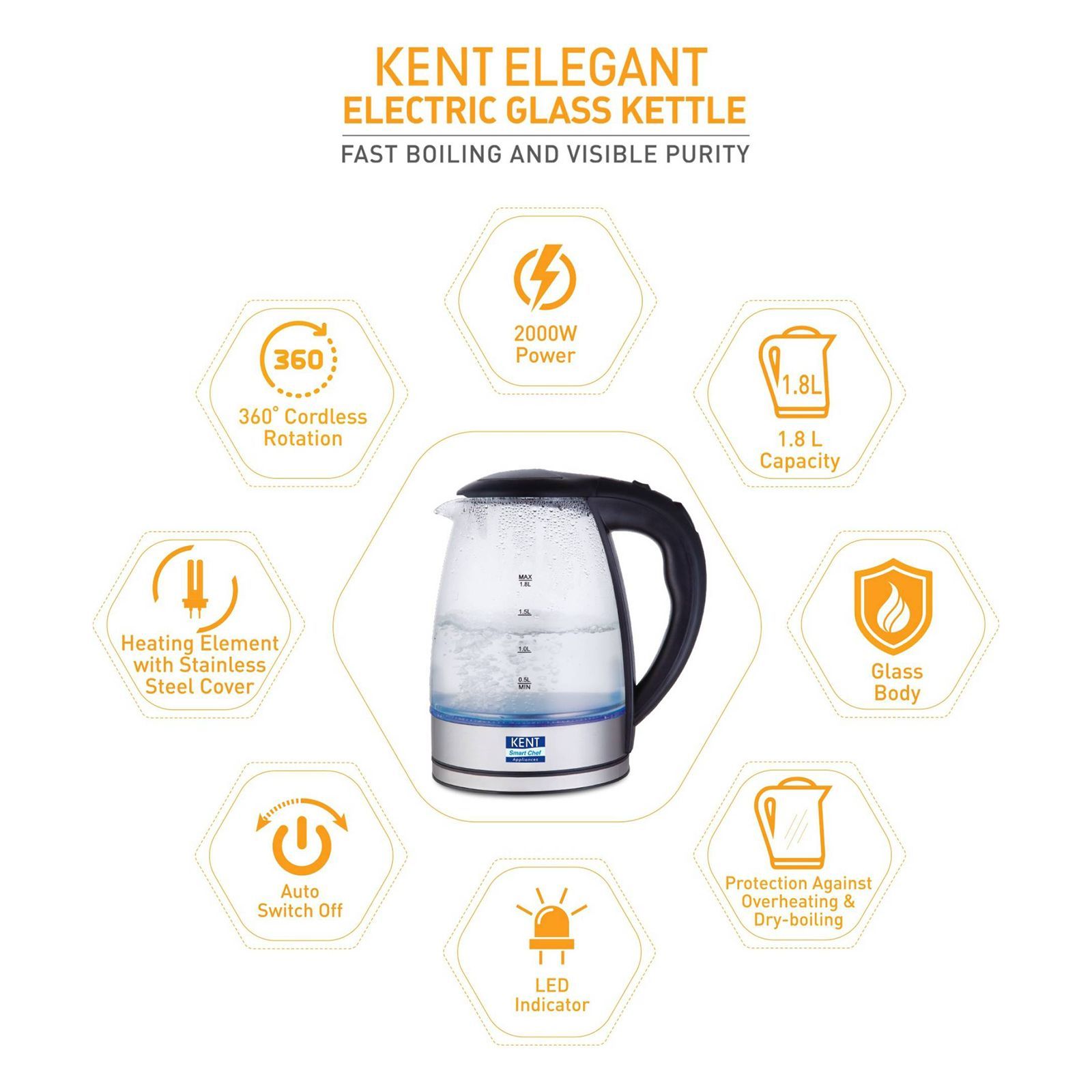 KENT Elegant 2000 Watt 1.8 Litre Electric Kettle with 360 Degree Rotation Base (Transparent)_9
