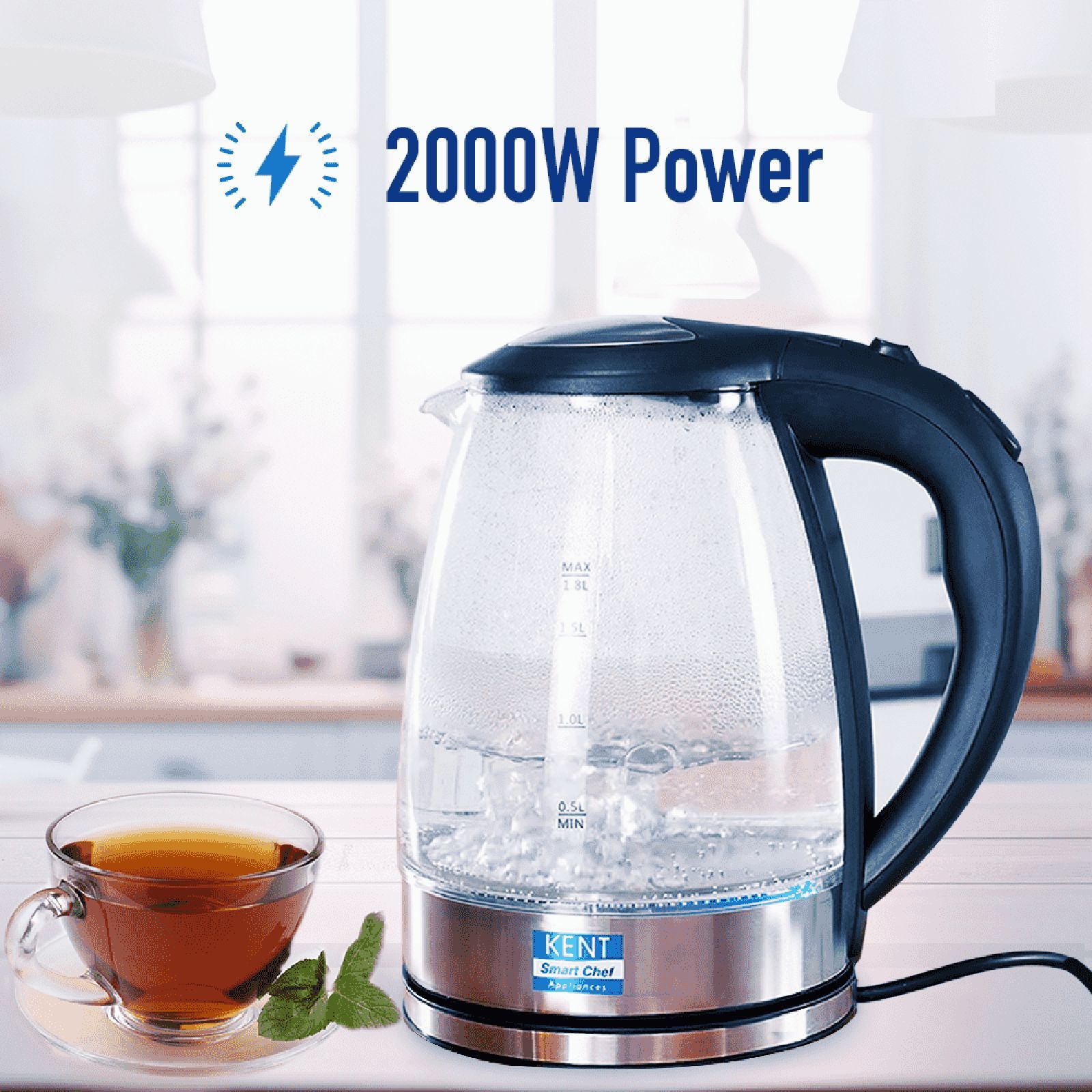 KENT Elegant 2000 Watt 1.8 Litre Electric Kettle with 360 Degree Rotation Base (Transparent)_7
