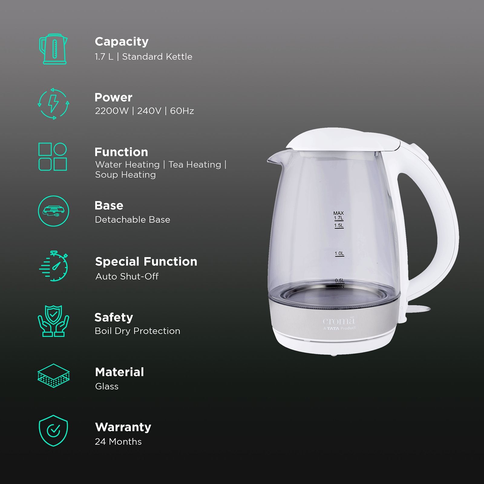 Croma 2200 Watt 1.7 Litre Electric Kettle with 360 Degree Swivel Base (White)_3