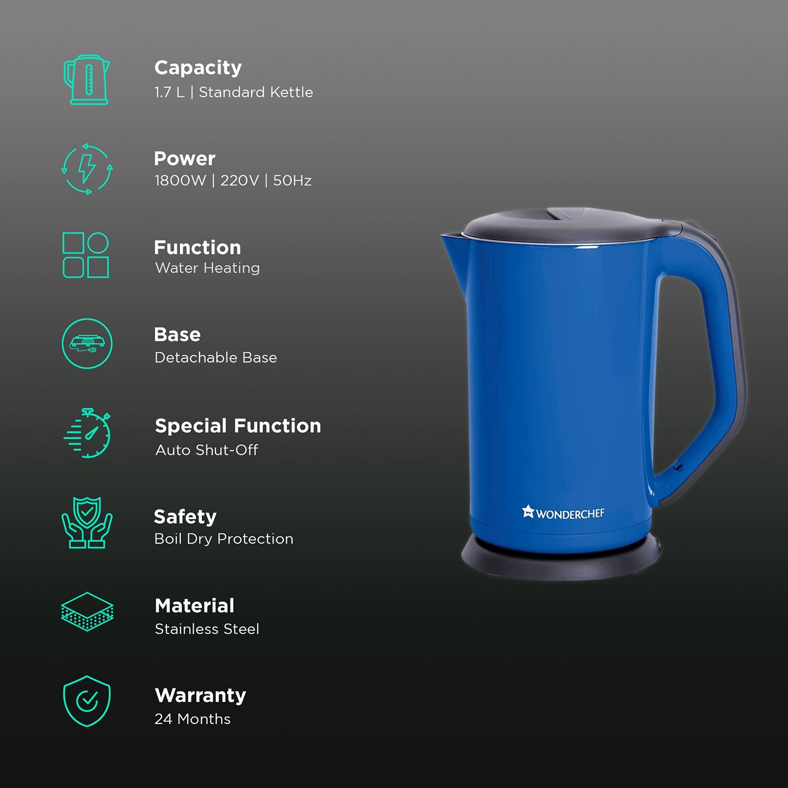 WONDERCHEF Luxe 1800 Watt 1.7 Litre Electric Kettle with Boil Dry Protection (Blue)_3