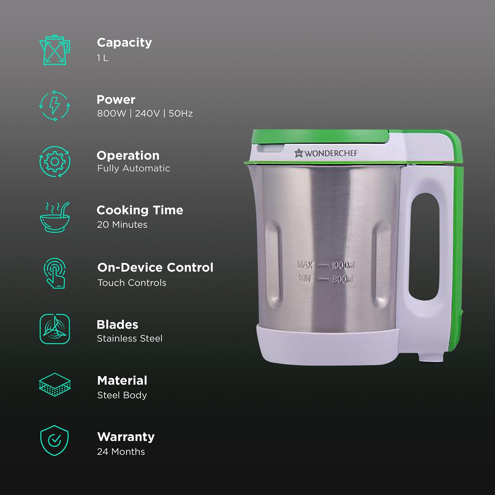 WONDERCHEF 800 Watt 1 Litre Soup Maker with Touch Control Panel (Green/Silver)_2