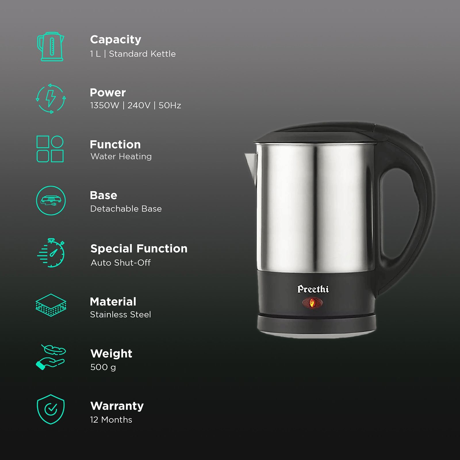 Preethi Armour 1350 Watt 1 Litre Electric Kettle with Auto Shut Off (Steel)_3