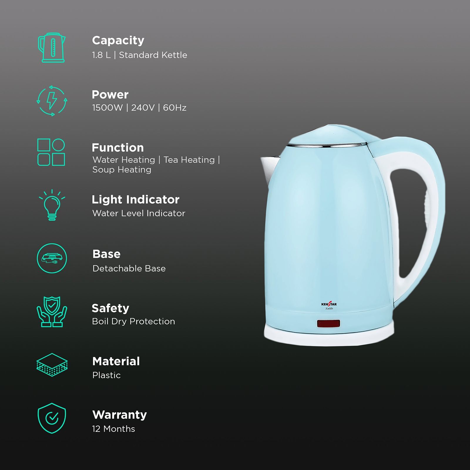 KENSTAR Kaldo 1500 Watt 1.8 Litre Electric Kettle with Boil Dry Protection (Blue)_3
