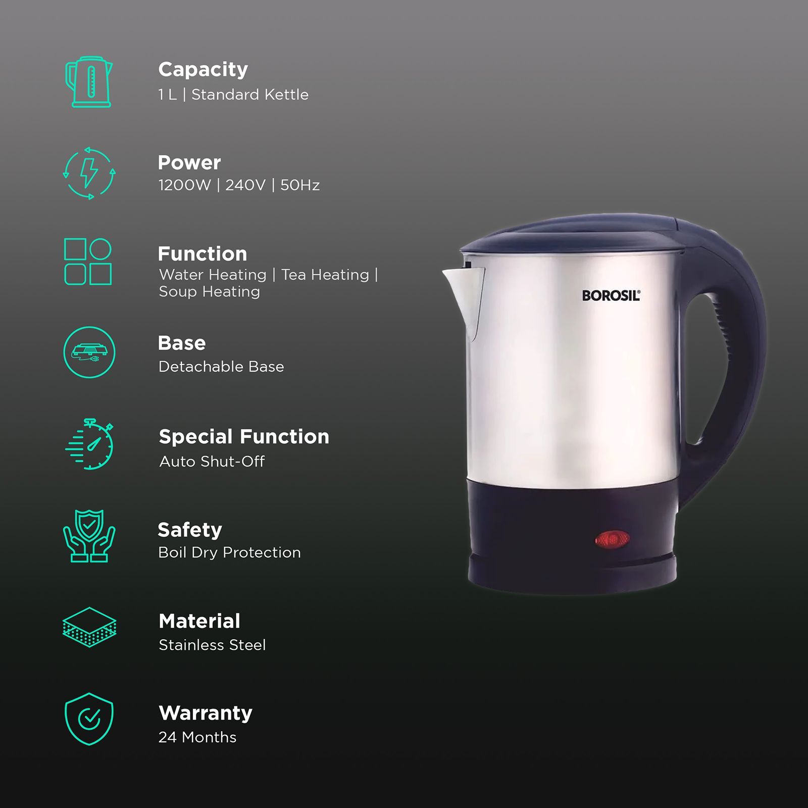 BOROSIL Eva 1200 Watt 1 Litre Electric Kettle with 360 Degree Rotation Base (Black)_3