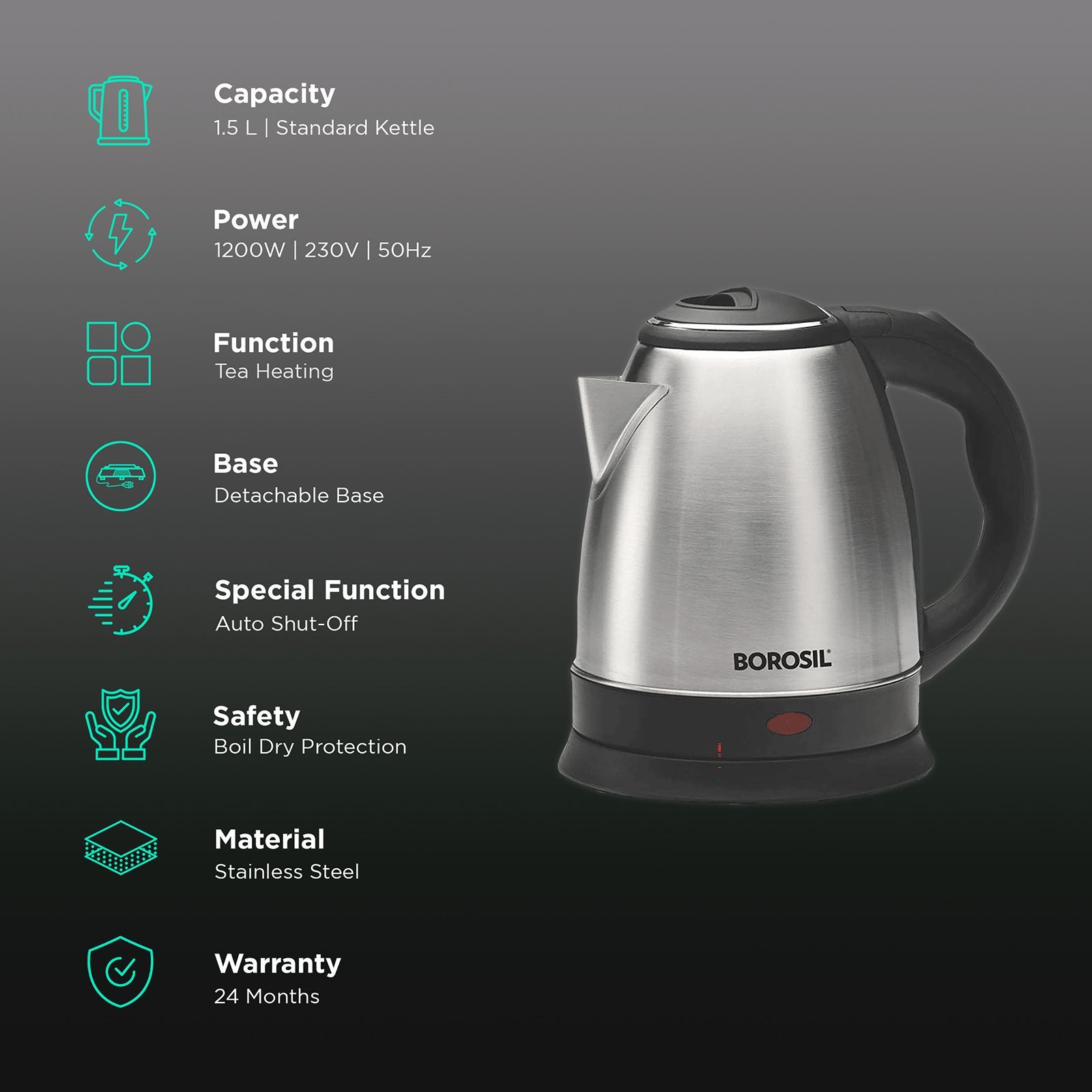 BOROSIL Rio 1200 Watt 1.5 Litre Electric Kettle with 360 Degree Rotation Base (Steel)_3