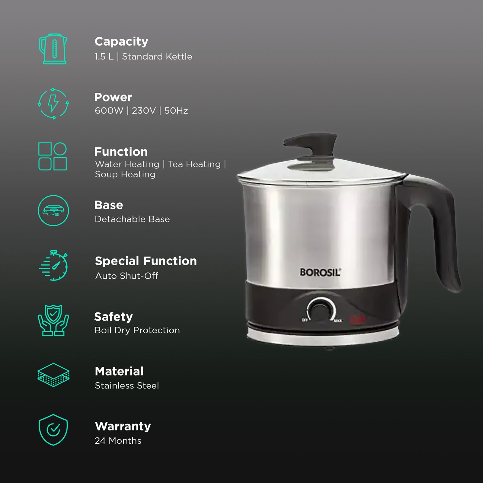 BOROSIL Omni 600 Watt 1.5 Litre Electric Kettle with 360 Degree Rotation Base (Silver)_3