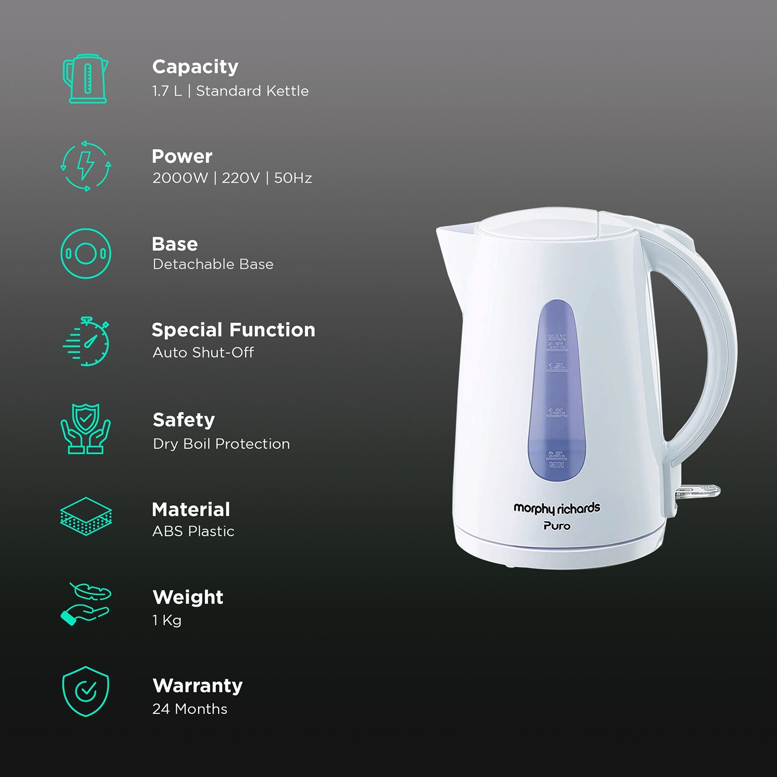 morphy richards Puro 2000 Watt 1.7 Litre Electric Kettle with Water Level Indicator (White) morphy richards Puro 2000 Watt 1.7 Litre Electric Kettle with Water Level Indicator (White)_3