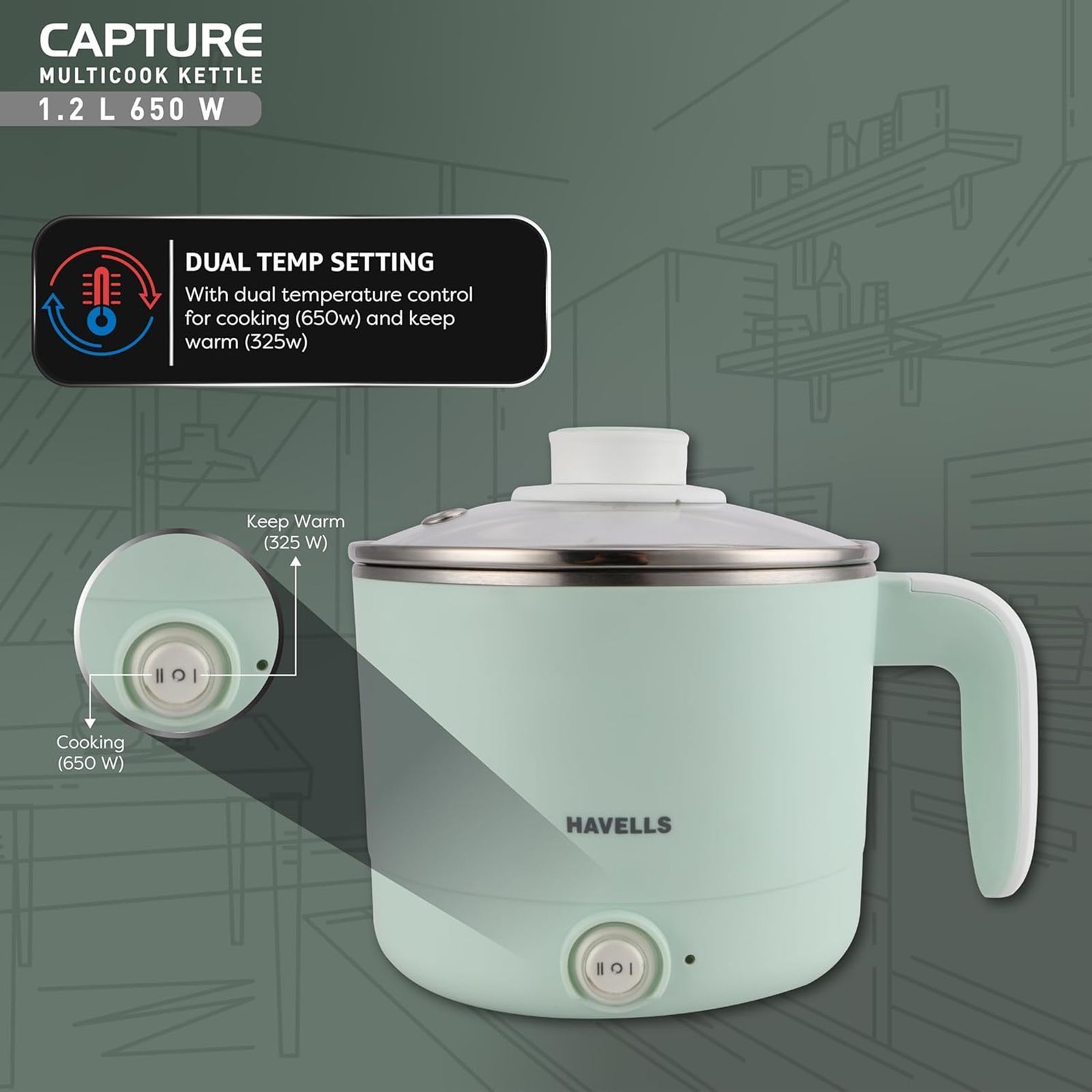 HAVELLS Capture 650 Watt 1.2 Litre Multi Cook Electric Kettle with Auto Shut Off (Light Green)_14